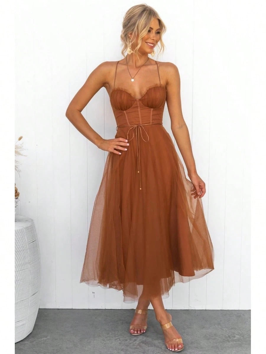 KZKZWK Cami Tulle Midi Dress With Corset Bodice, Sweetheart Neckline,