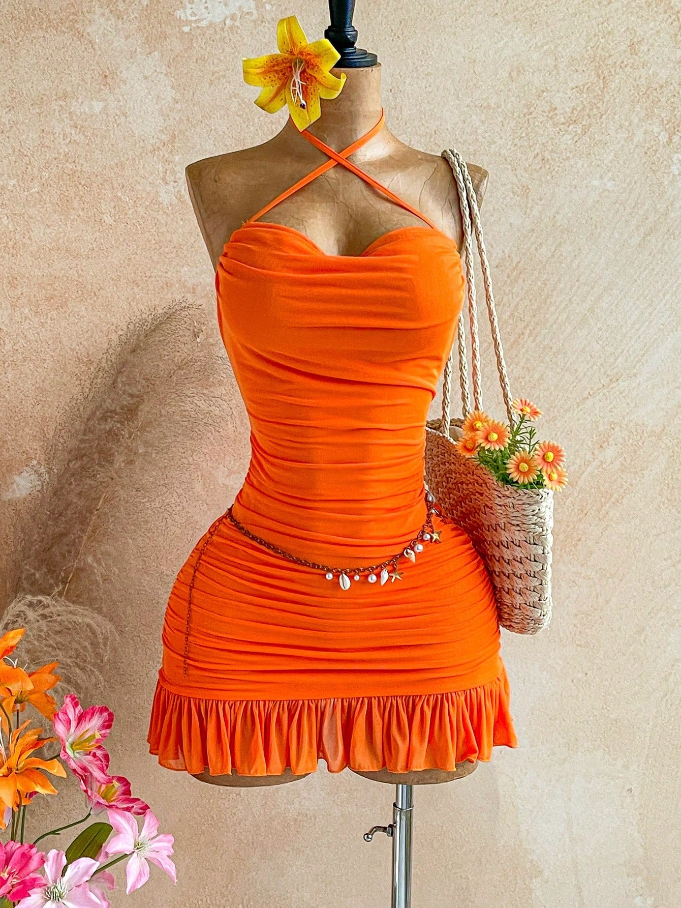 Soleia Women's Vacation Solid Color Ruffle Hem Halter Mini