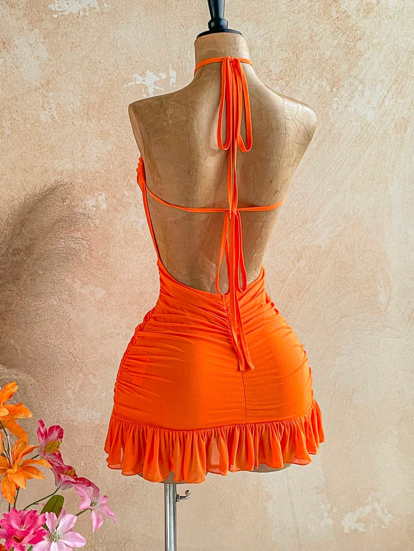 Soleia Women's Vacation Solid Color Ruffle Hem Halter Mini