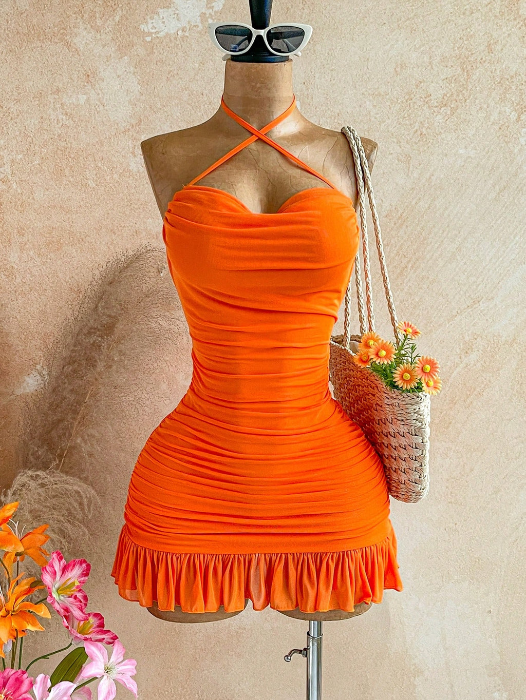 Soleia Women's Vacation Solid Color Ruffle Hem Halter Mini