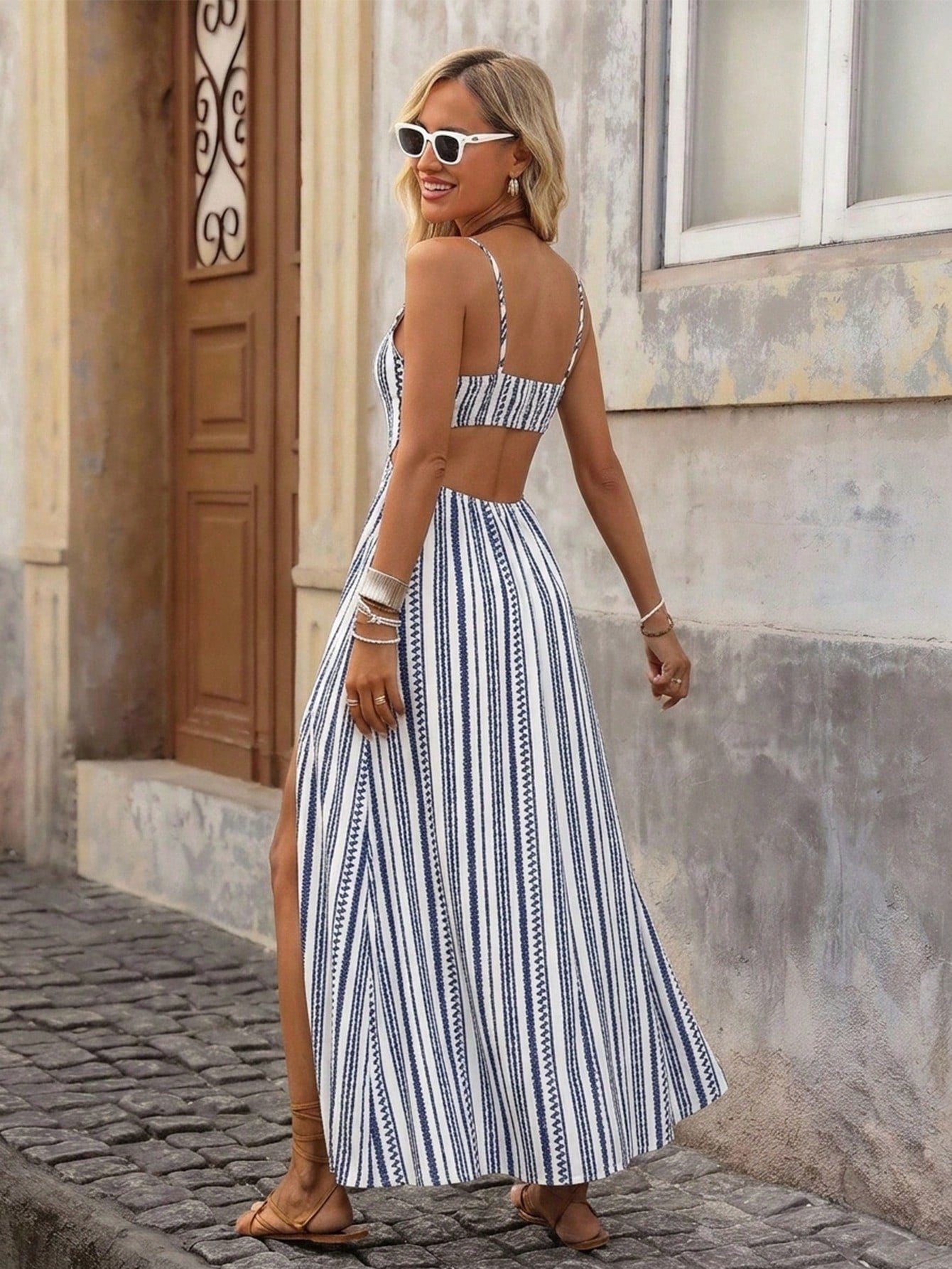 Brillora Women's Navy And White Spaghetti Strap Dress,Boho Tropical Coastal Chic V-Neck Sleeveless Summer - image 4