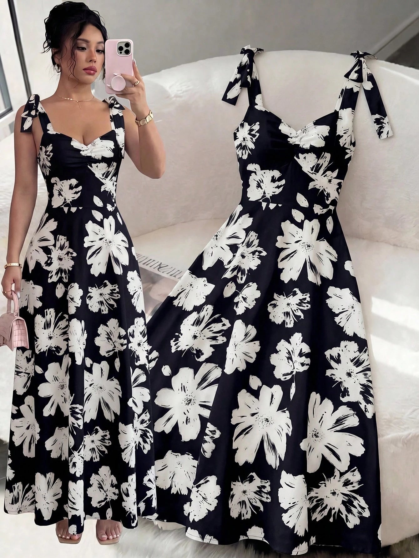 Elenzga Sleeveless Tie-Up Cinched Waist A-Line Elegant Romantic Women