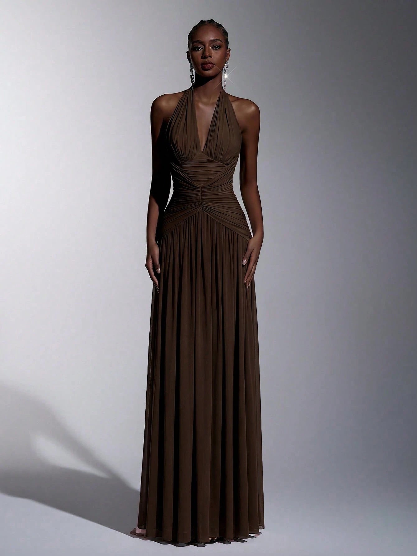 Elitara Elegant, , Fashionable Elastic Mesh Halter Neck Ruched Decor