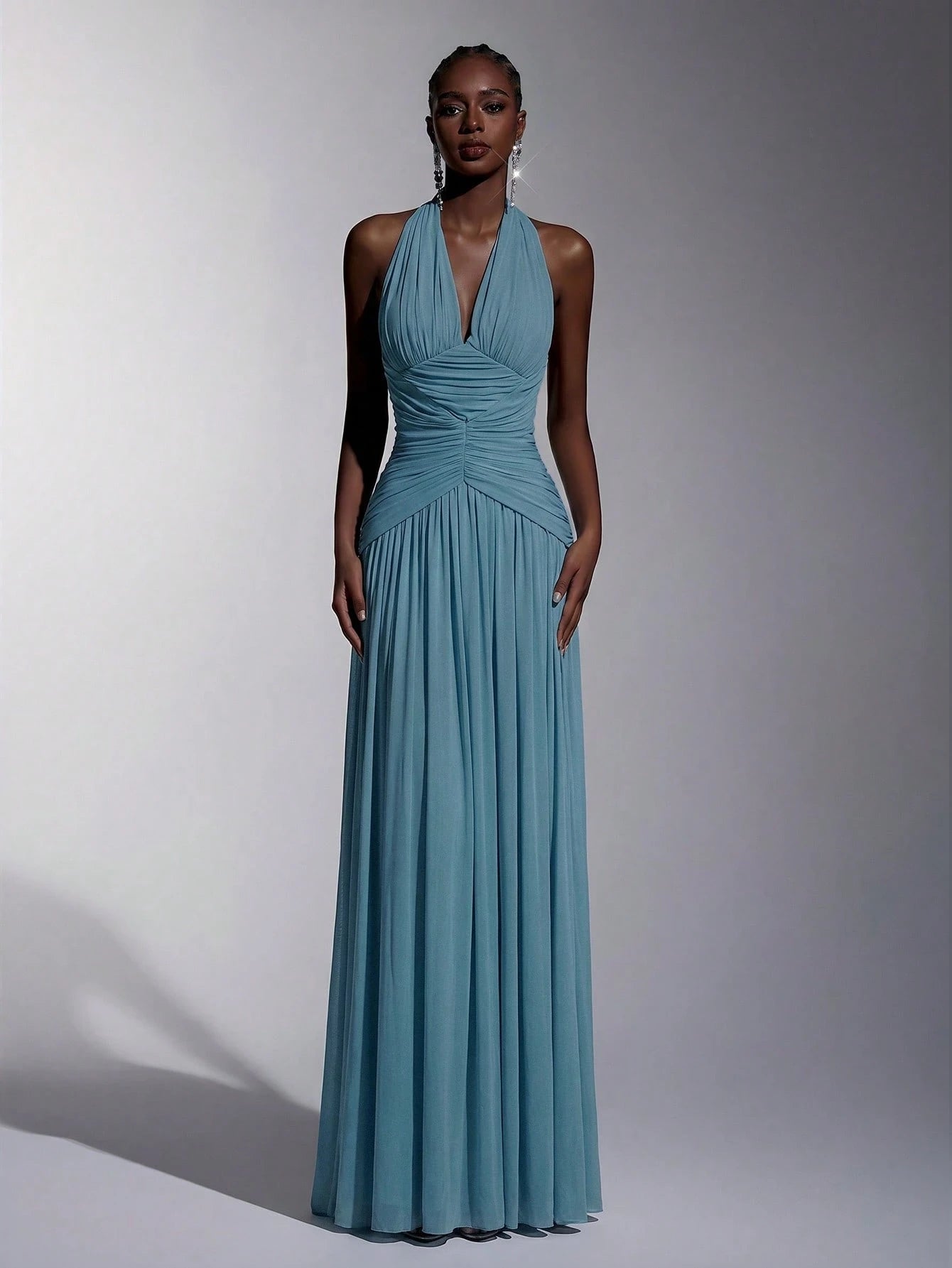 Elitara Elegant, , Fashionable Elastic Mesh Halter Neck Ruched Decor