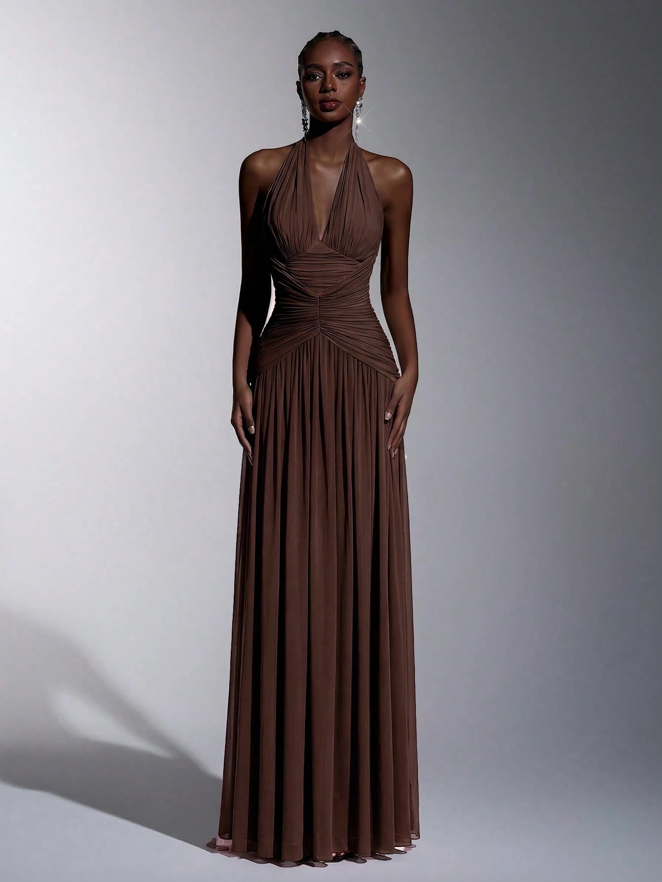 Elitara Elegant, , Fashionable Elastic Mesh Halter Neck Ruched Decor A-Line Dress, Party Wedding Guest Orange - image 18