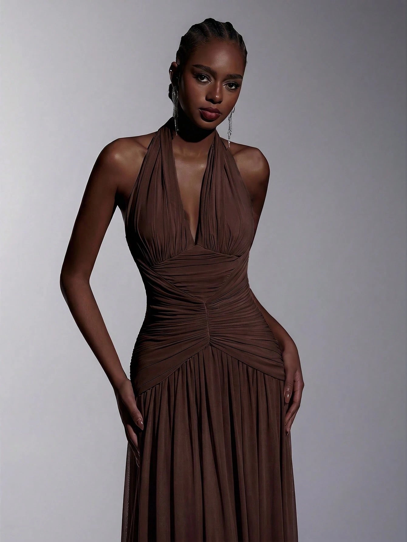 Elitara Elegant, , Fashionable Elastic Mesh Halter Neck Ruched Decor A-Line Dress, Party Wedding Guest Orange - image 20