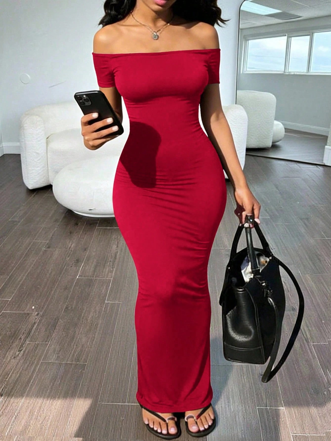 INAWLY Solva Women's Solid Color Off-Shoulder Ruched Waist Elegant