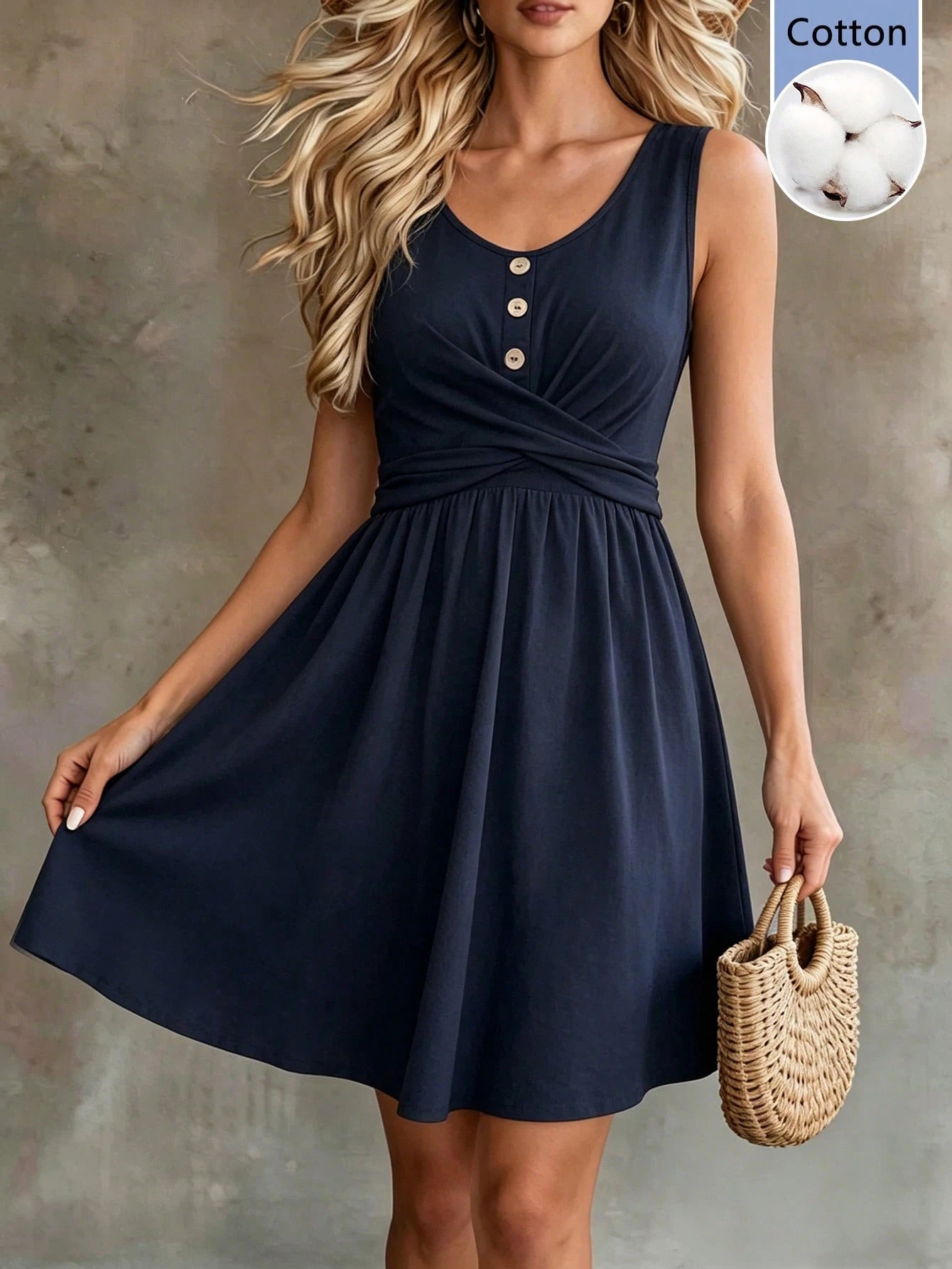 Balvessa V-Neck Buttoned Solid-Color Criss-Cross Strap Sleeveless