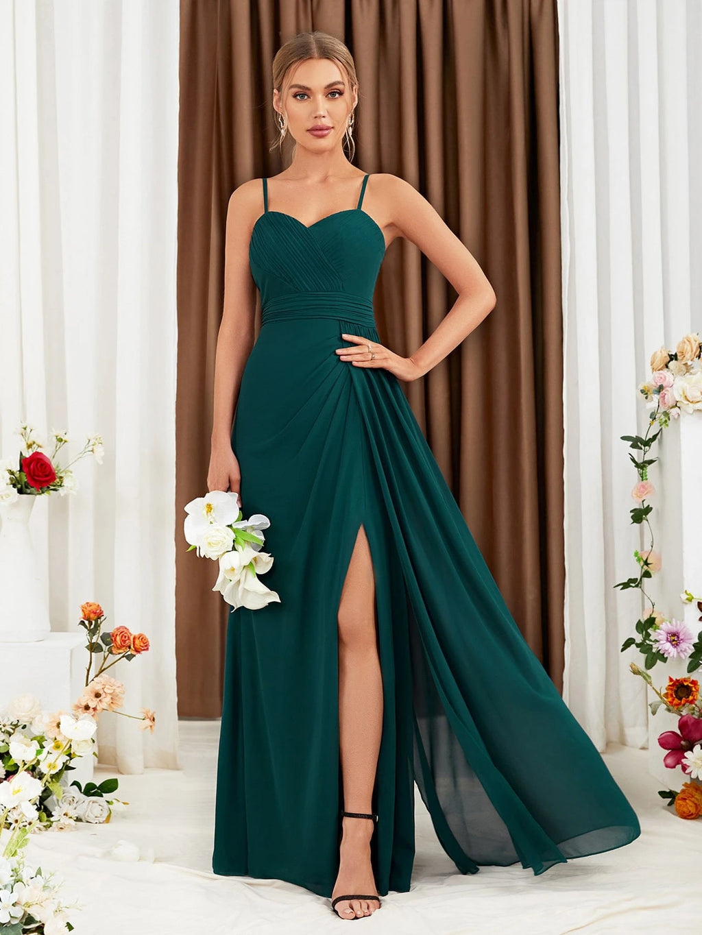 UNITHORSE Ruched Split Thigh Chiffon Bridesmaid Dress Elegant Dress For Christmas - image 6