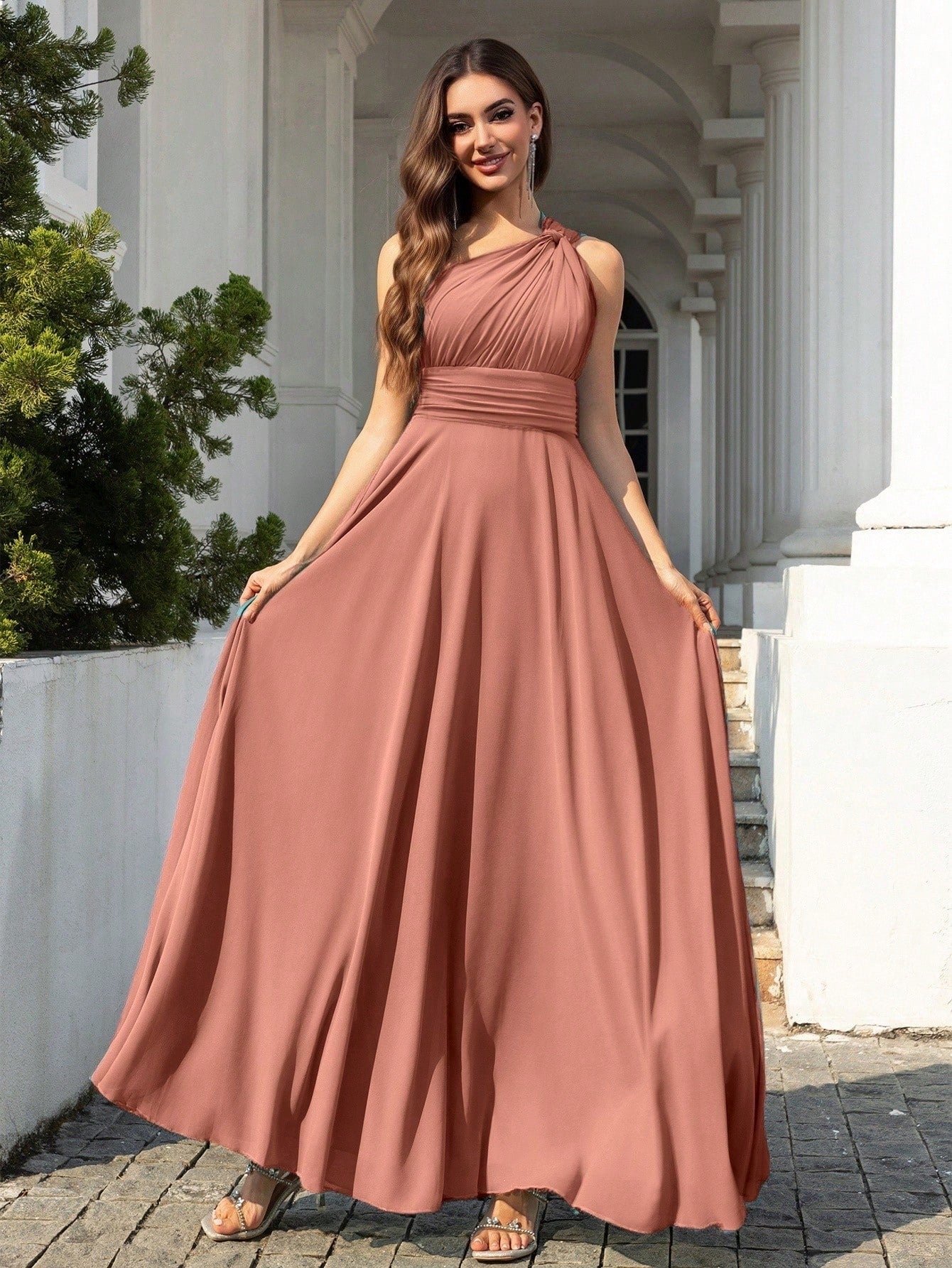 Volly Toych Elegant Sleeveless Long Bridesmaid Dress In Greyish Blue,
