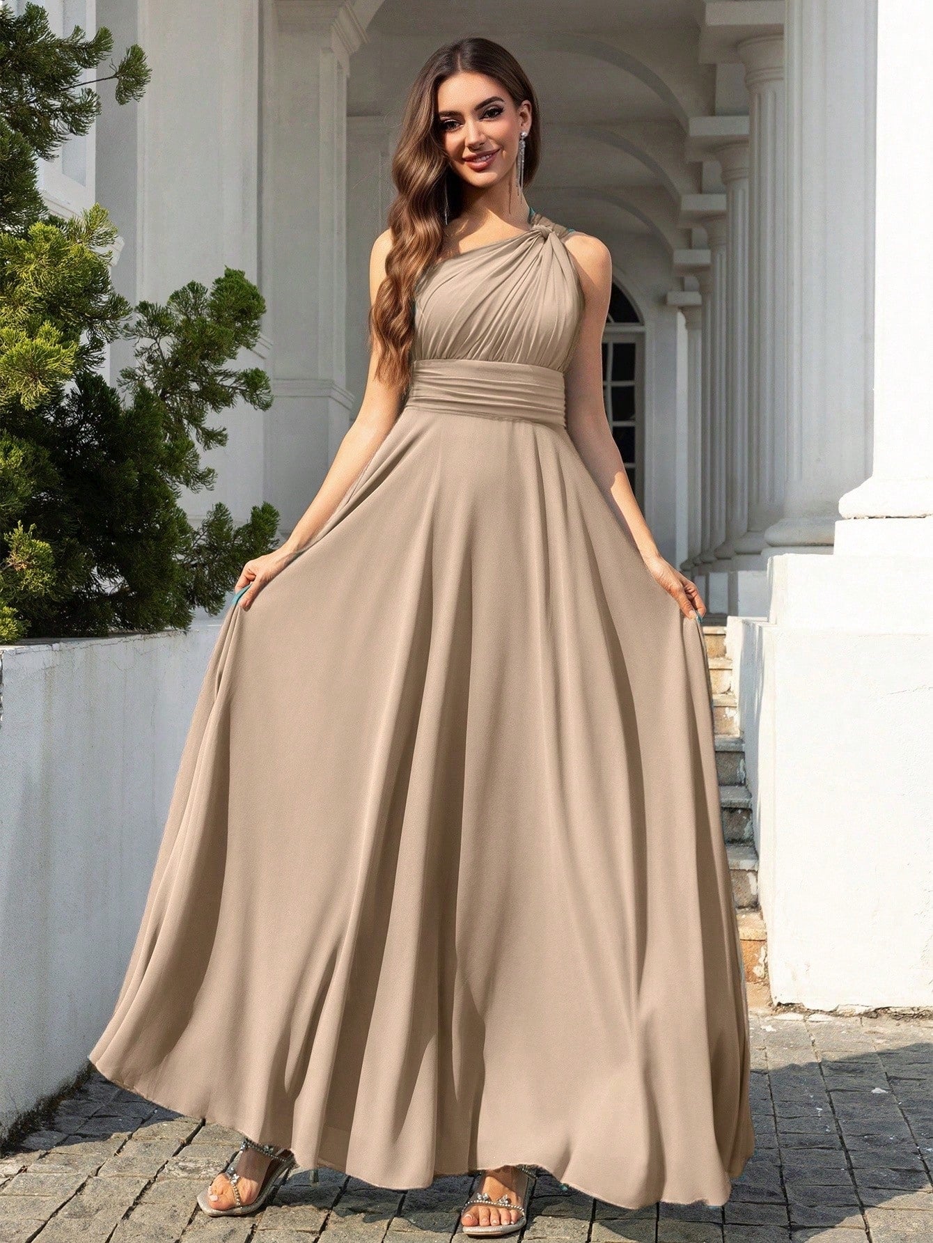 Volly Toych Elegant Sleeveless Long Bridesmaid Dress In Greyish Blue,