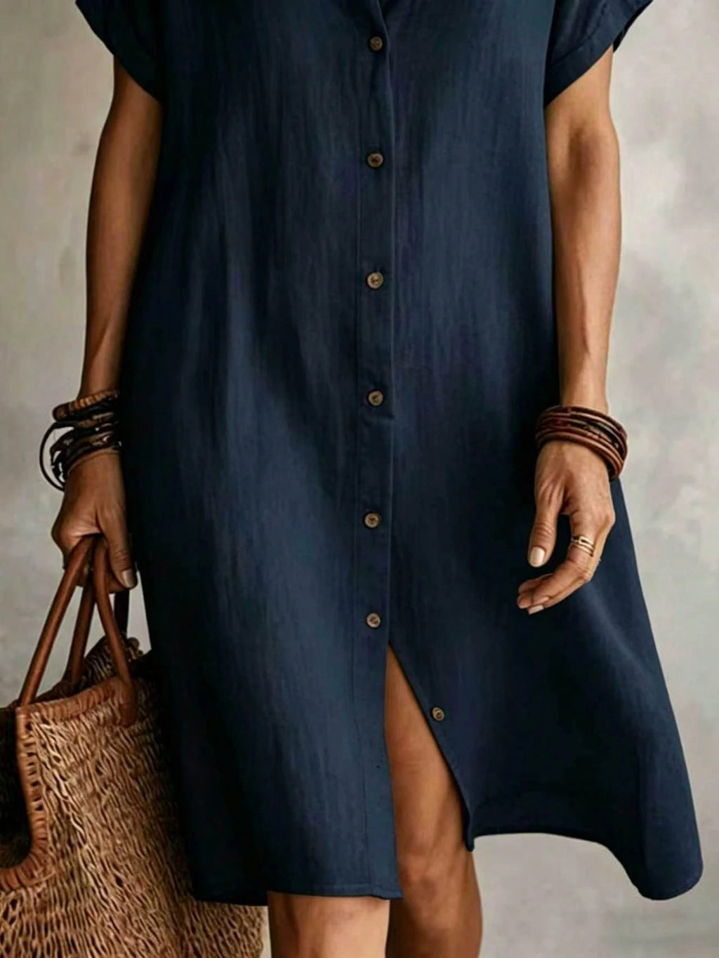 Women's Casual Ivory Woven Shirt Dress, Collared Short Sleeve Front