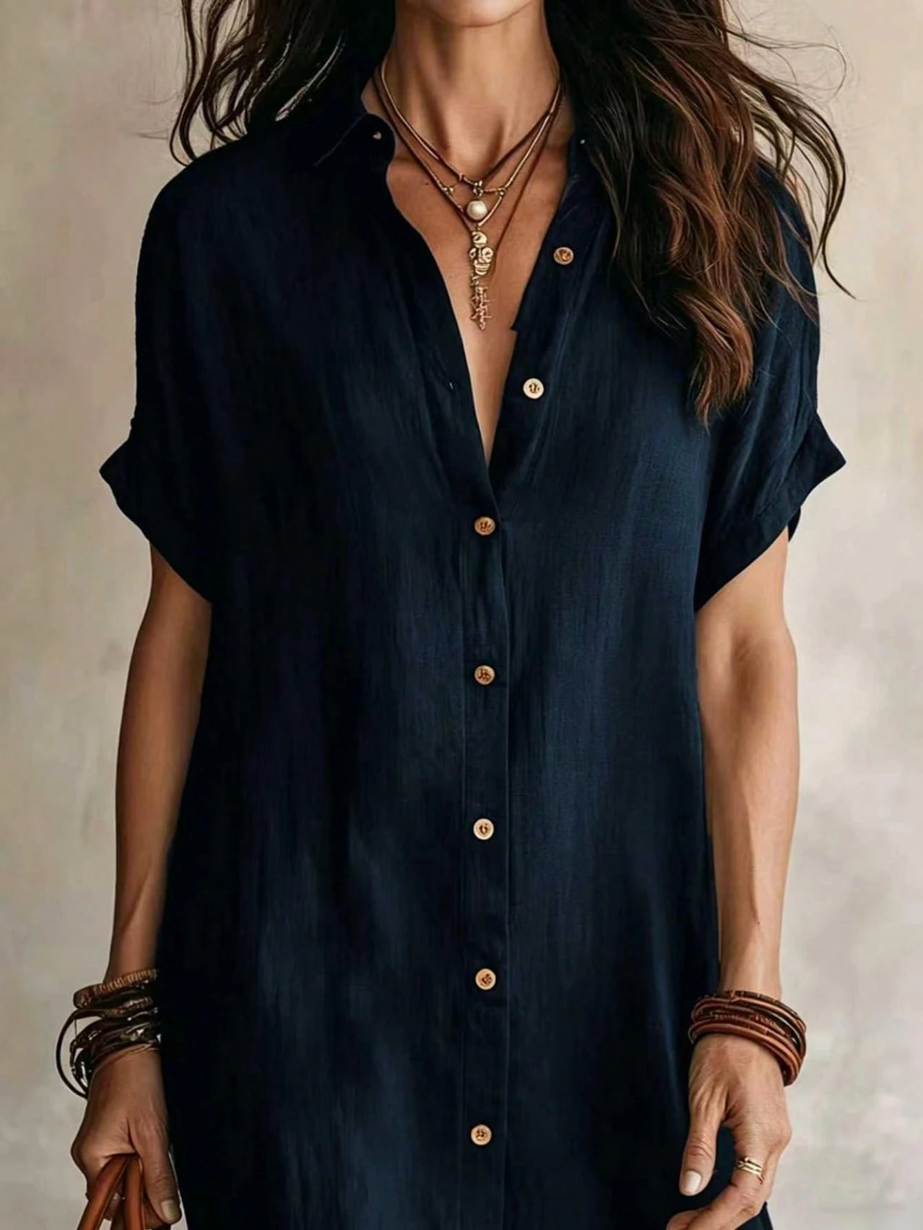 Women's Casual Ivory Woven Shirt Dress, Collared Short Sleeve Front