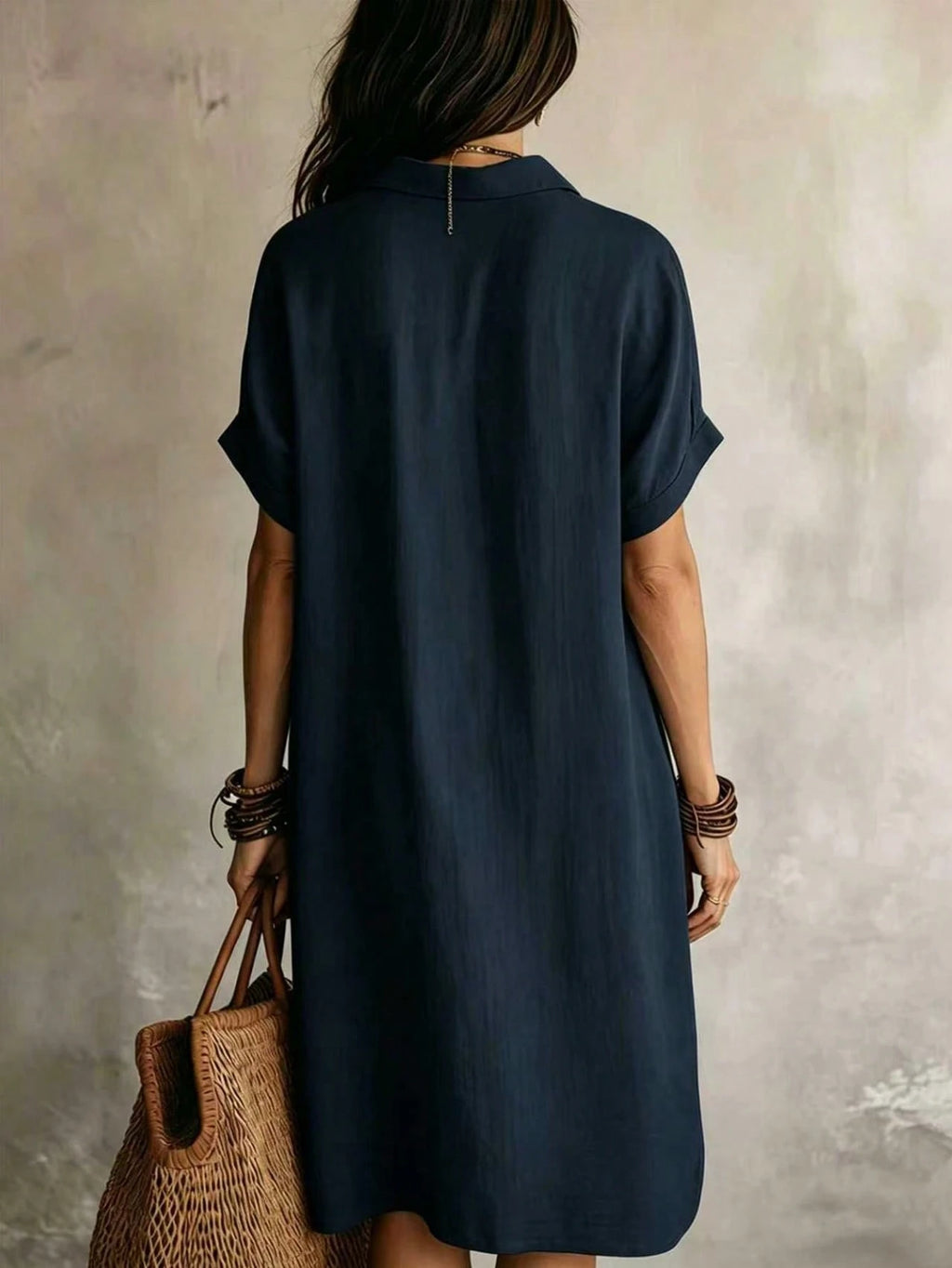 Women's Casual Ivory Woven Shirt Dress, Collared Short Sleeve Front