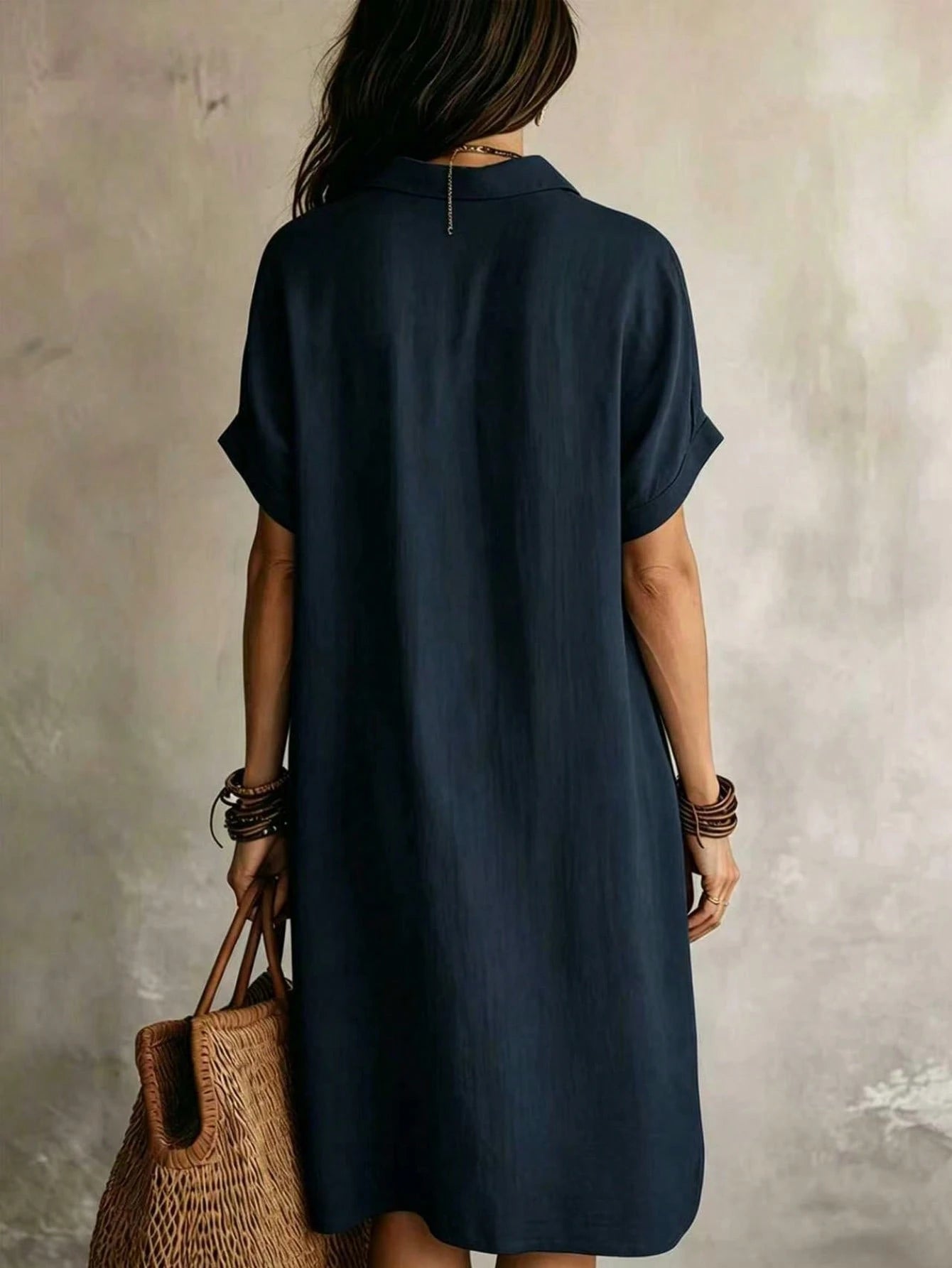 Women's Casual Ivory Woven Shirt Dress, Collared Short Sleeve Front