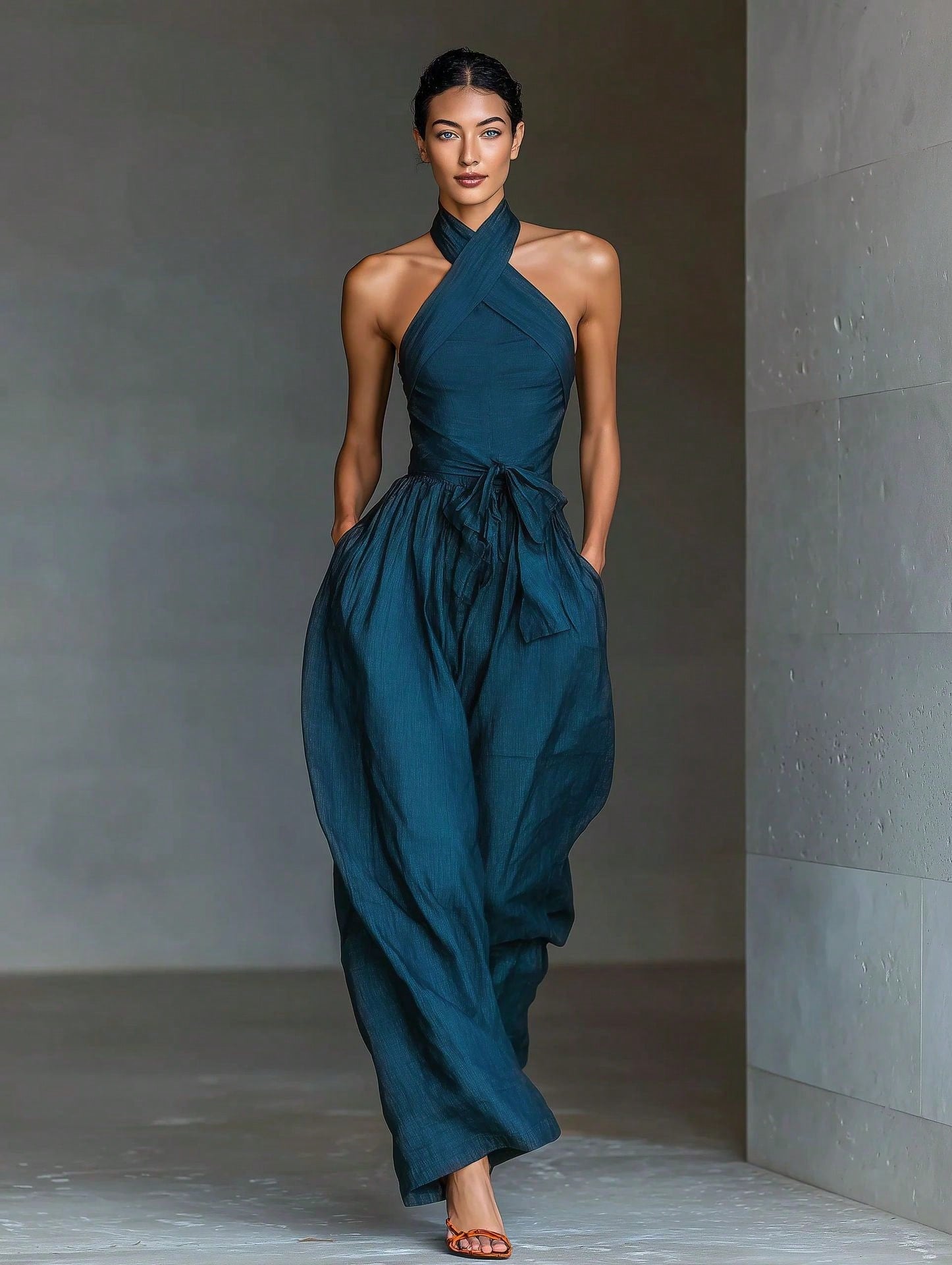 2026 New Linen Cross Cami Jumpsuit Women Tie Waist Wide Leg Casual
