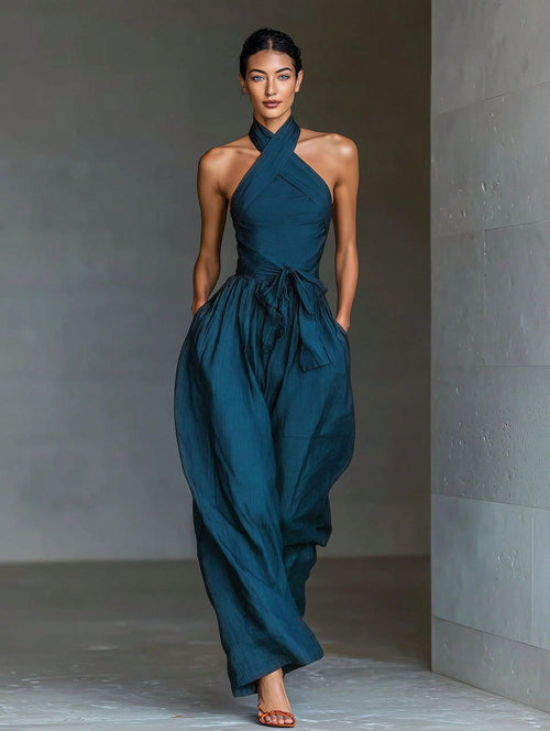 2026 New Linen Cross Cami Jumpsuit Women Tie Waist Wide Leg Casual Romper