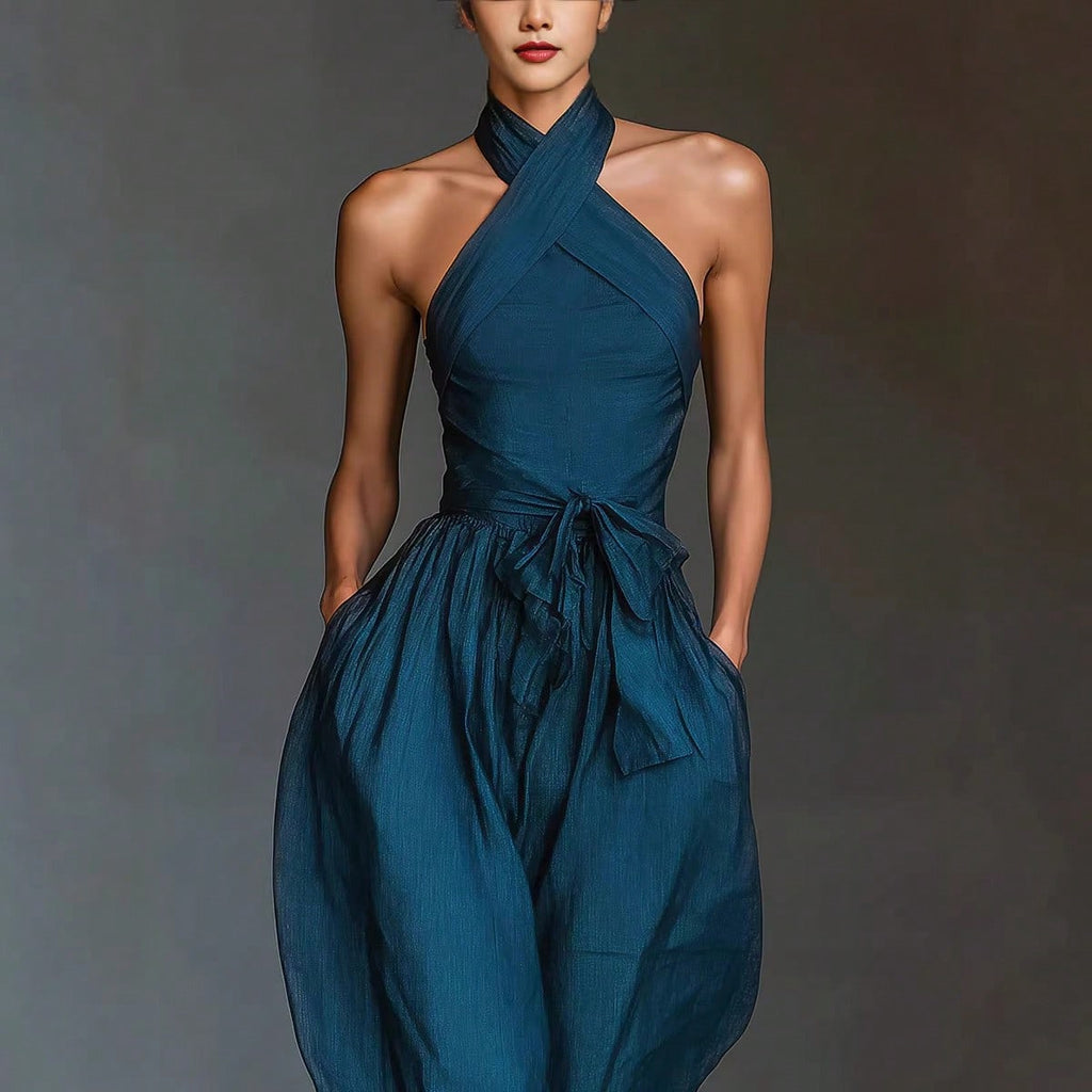 2026 New Linen Cross Cami Jumpsuit Women Tie Waist Wide Leg Casual