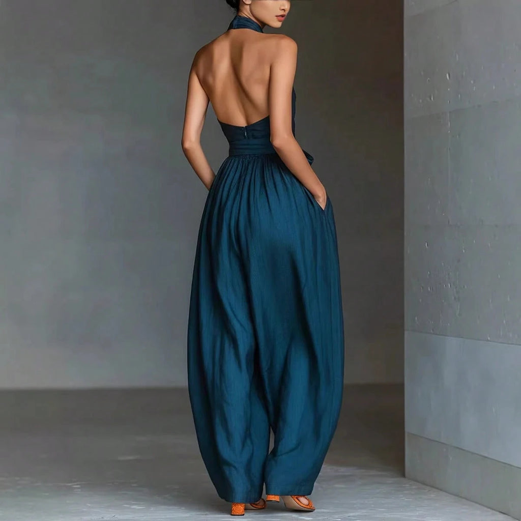 2026 New Linen Cross Cami Jumpsuit Women Tie Waist Wide Leg Casual