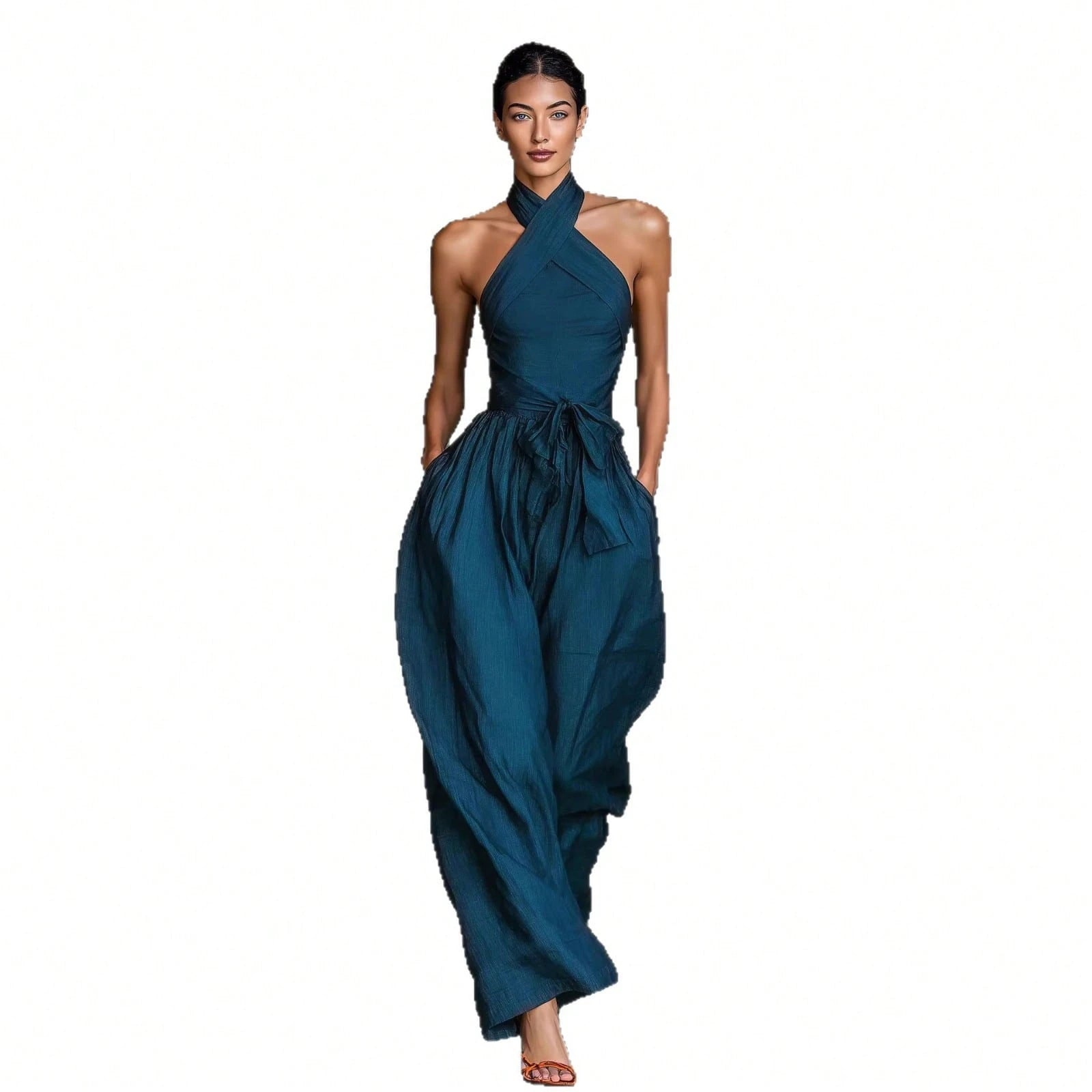 2026 New Linen Cross Cami Jumpsuit Women Tie Waist Wide Leg Casual