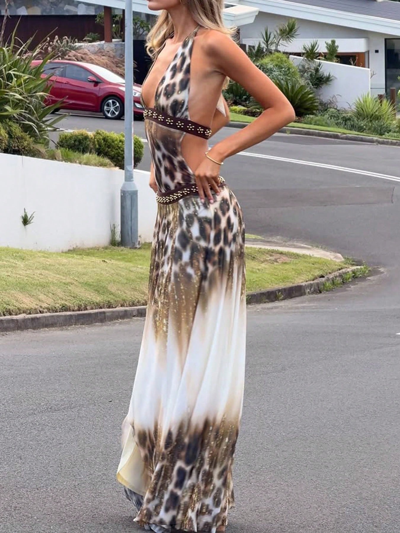 Kliou Leopard Print Sexy Backless Long Dress Woman Summer Bandage