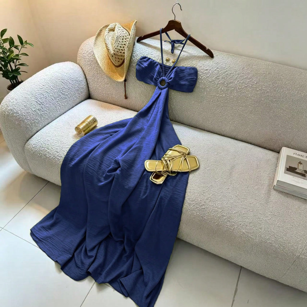 Women's Vacation Style Midi Dress, Print Backless Hollow Out