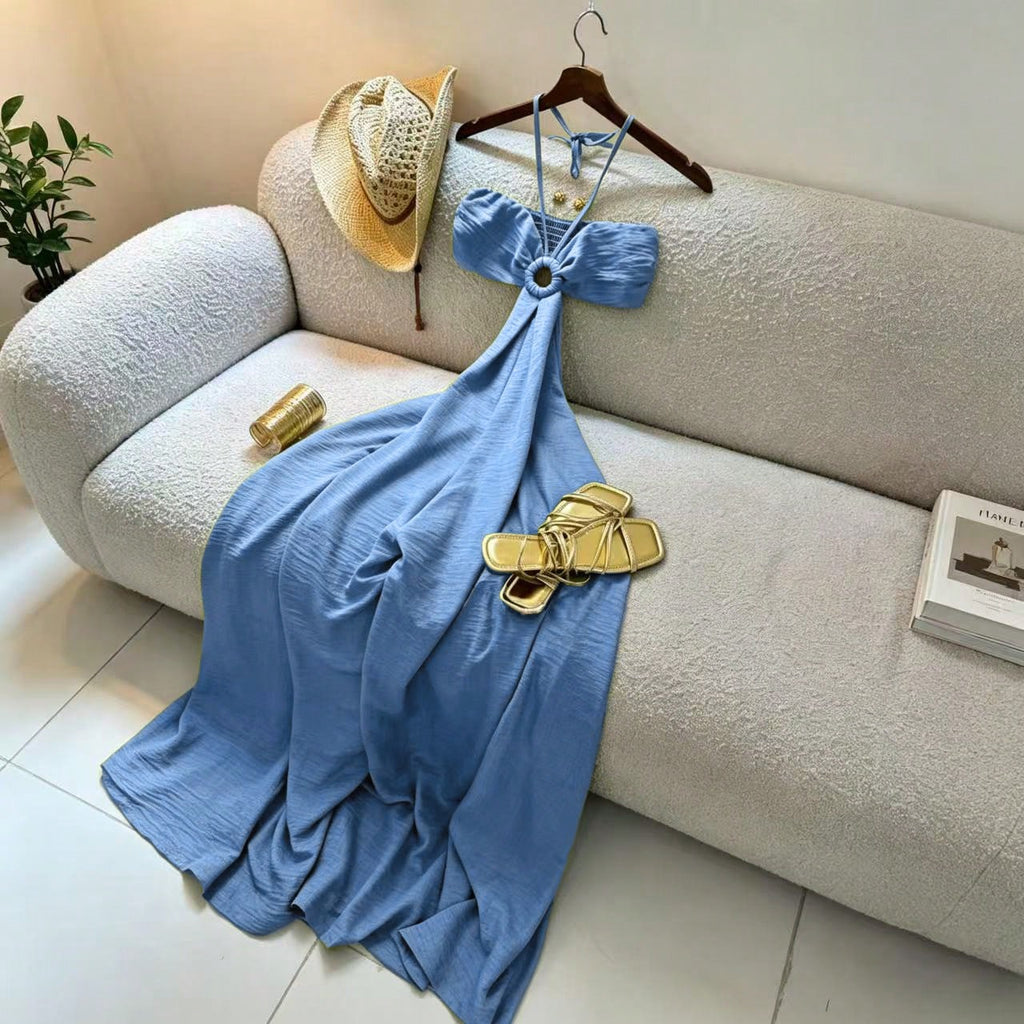 Women's Vacation Style Midi Dress, Print Backless Hollow Out