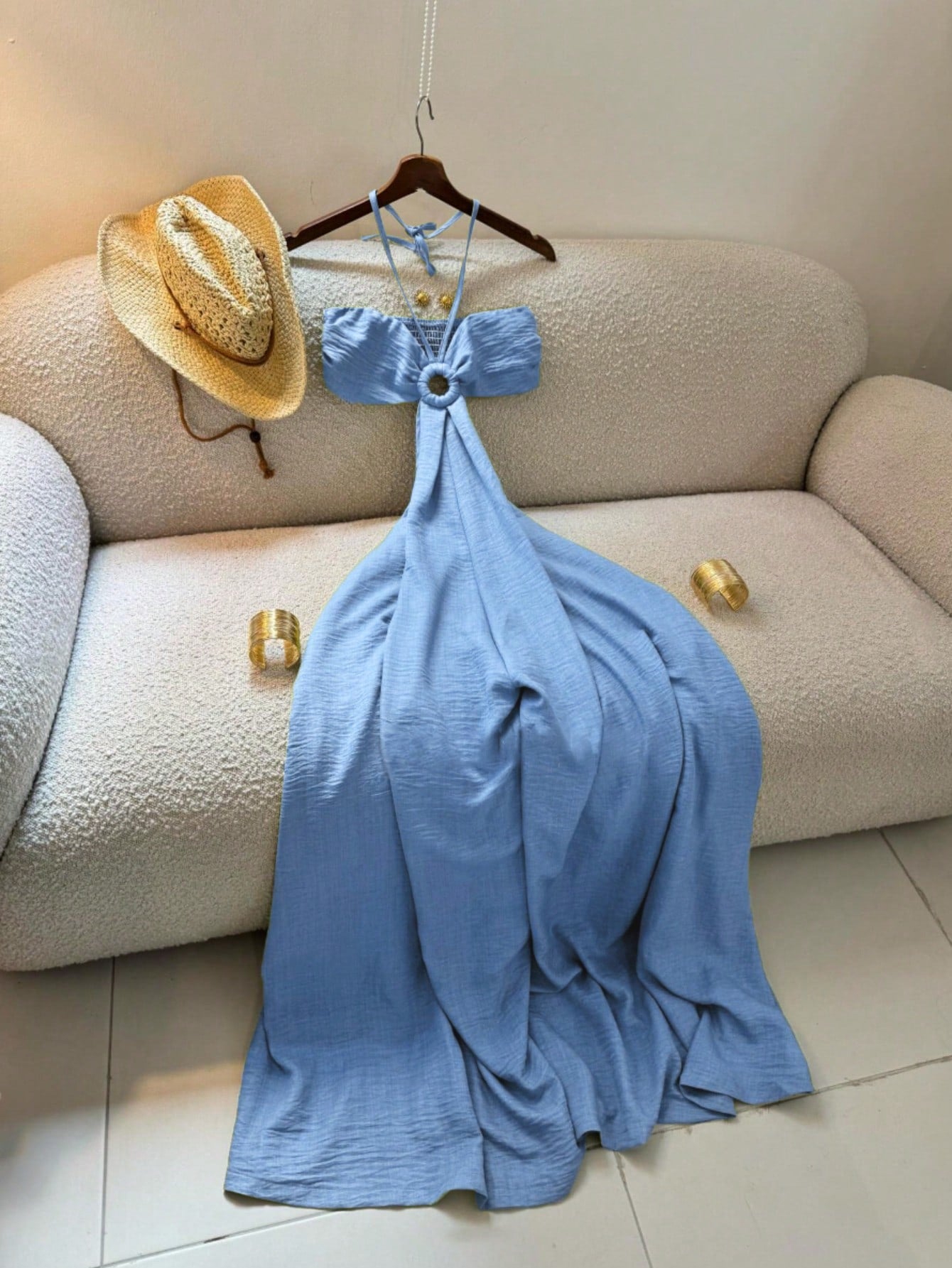 Women's Vacation Style Midi Dress, Print Backless Hollow Out