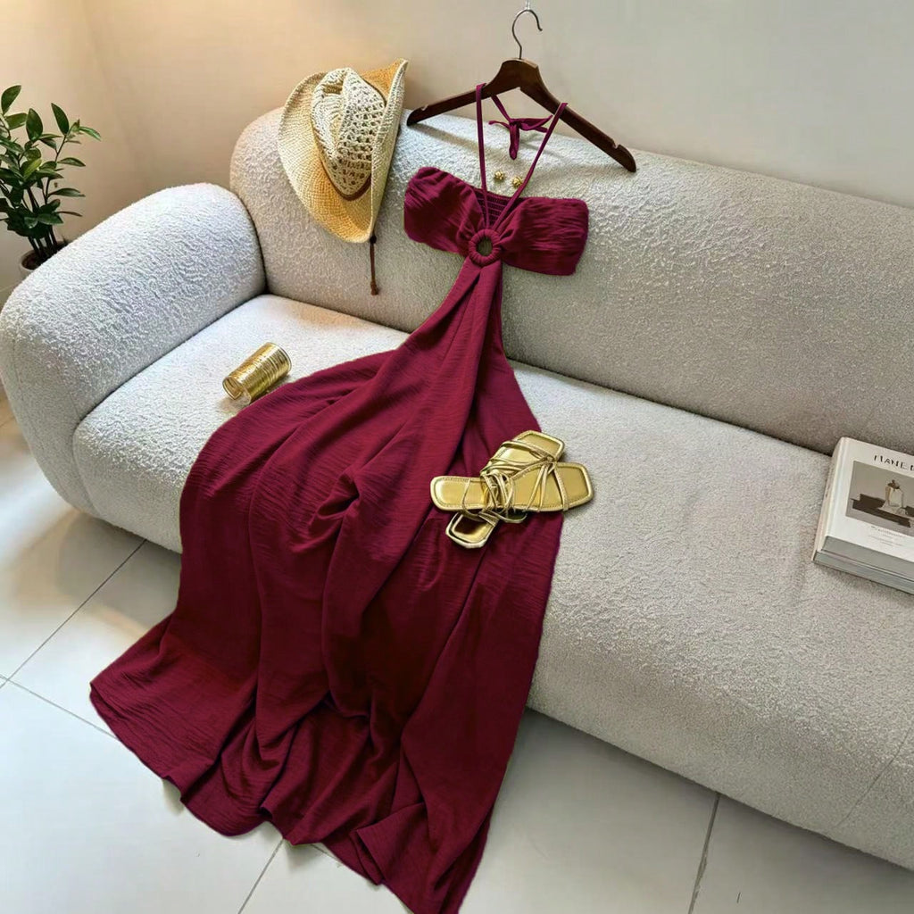 Women's Vacation Style Midi Dress, Print Backless Hollow Out