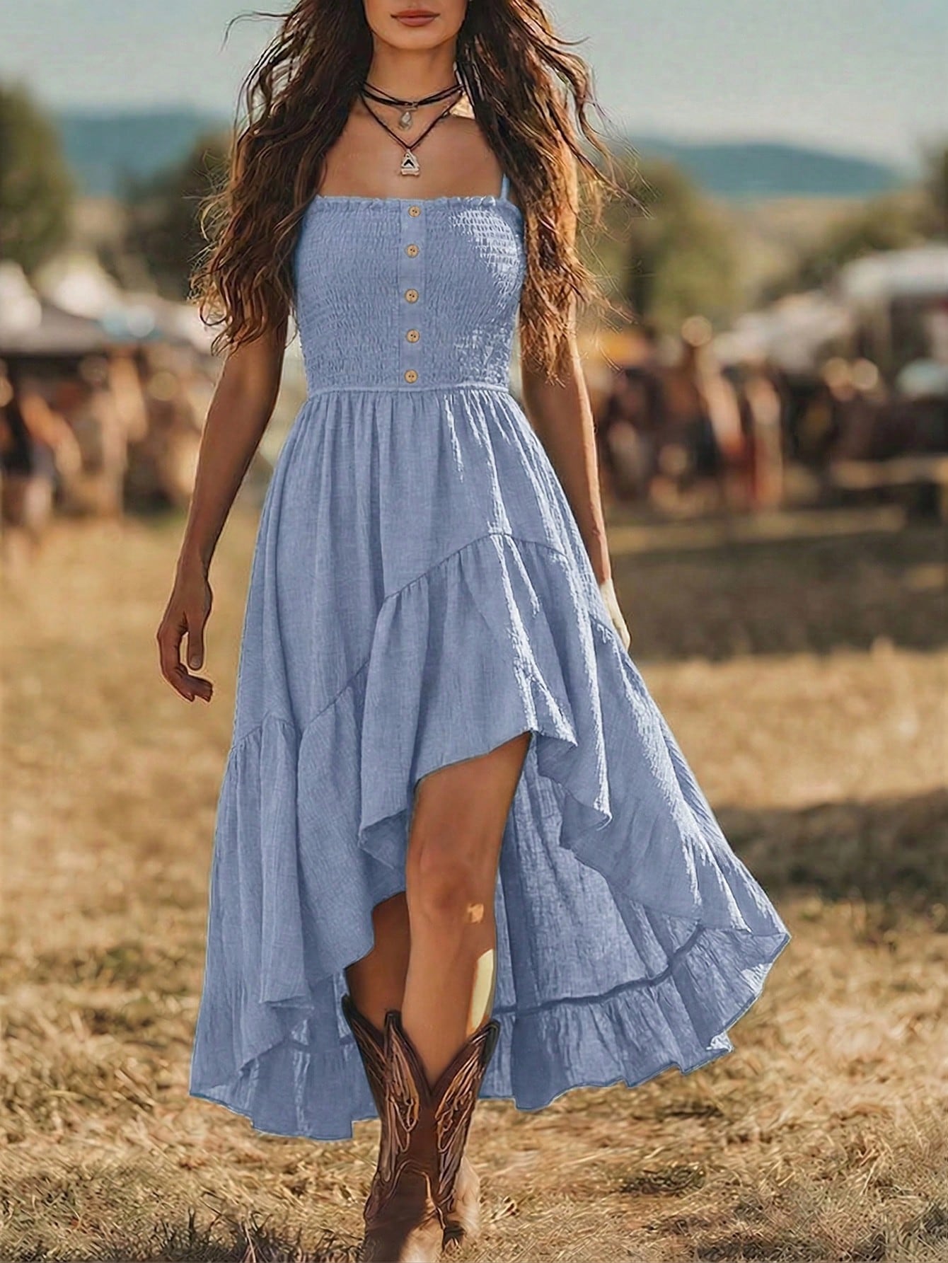 Balvessa Bohemian Style Casual Vacation Front Short Back Long Cinched
