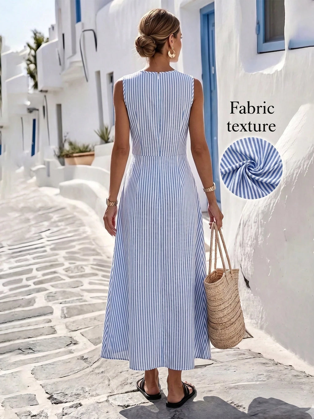 Louniche Women's Summer Blue And White Striped Fabric Round Neck