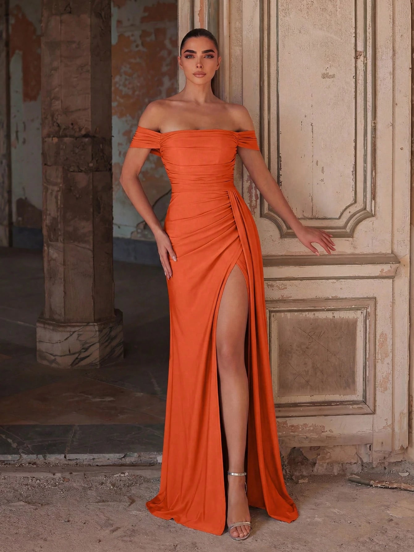 Elegant Satin Off-Shoulder Evening Dress, High Slit Hem | Perfect For Bridesmaid, Formal Dinner, Luxury - image 3