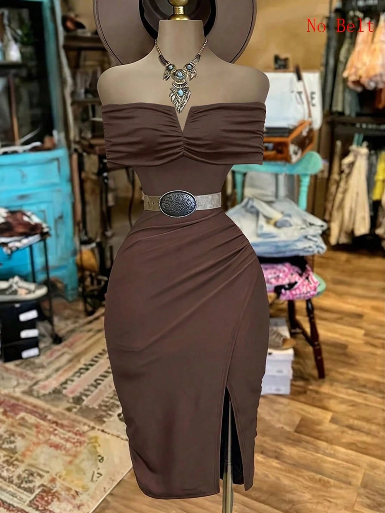 EMERY ROSE Women's Fashion Solid Color Off-Shoulder Slit Dress - image 3