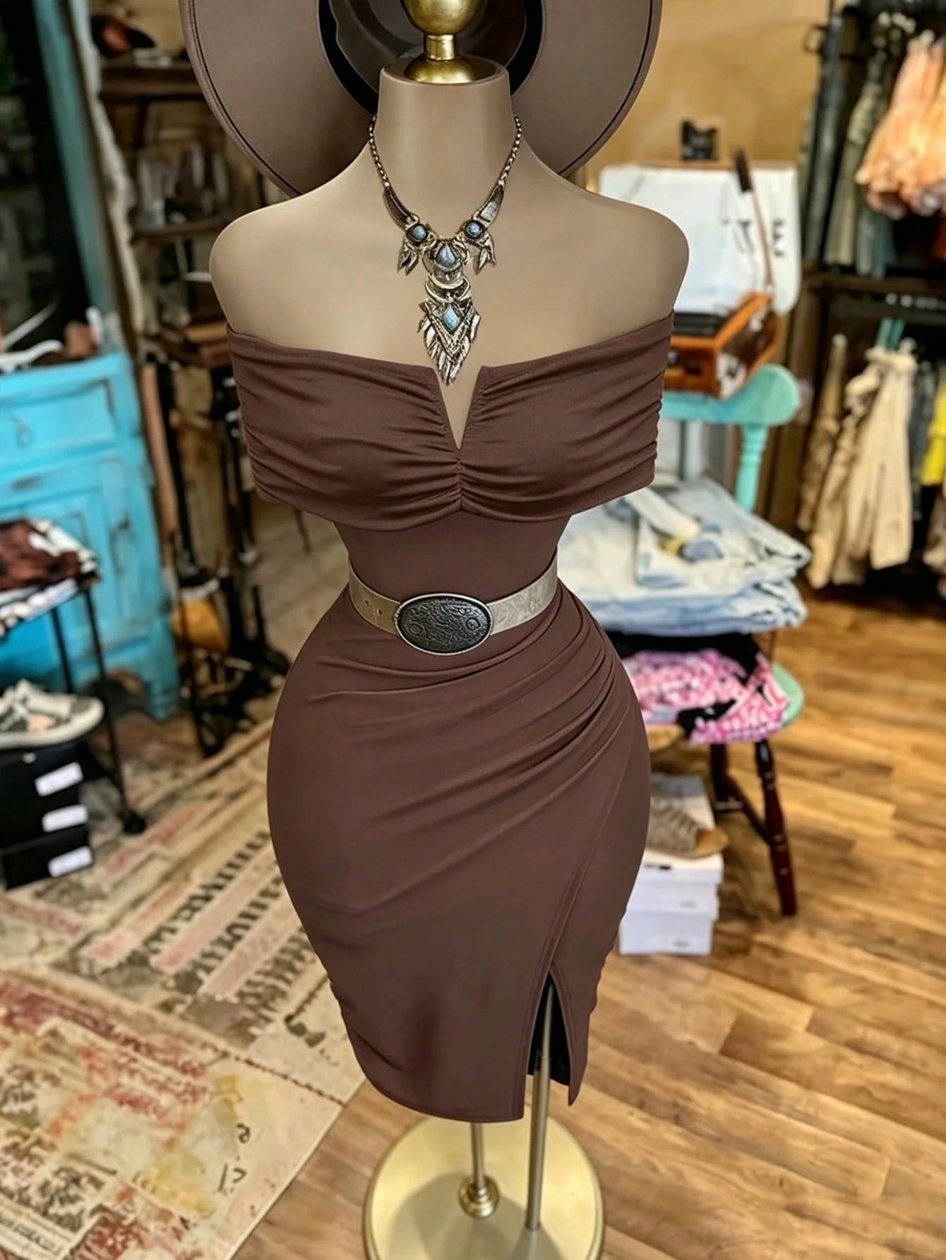 EMERY ROSE Women's Fashion Solid Color Off-Shoulder Slit Dress - image 4