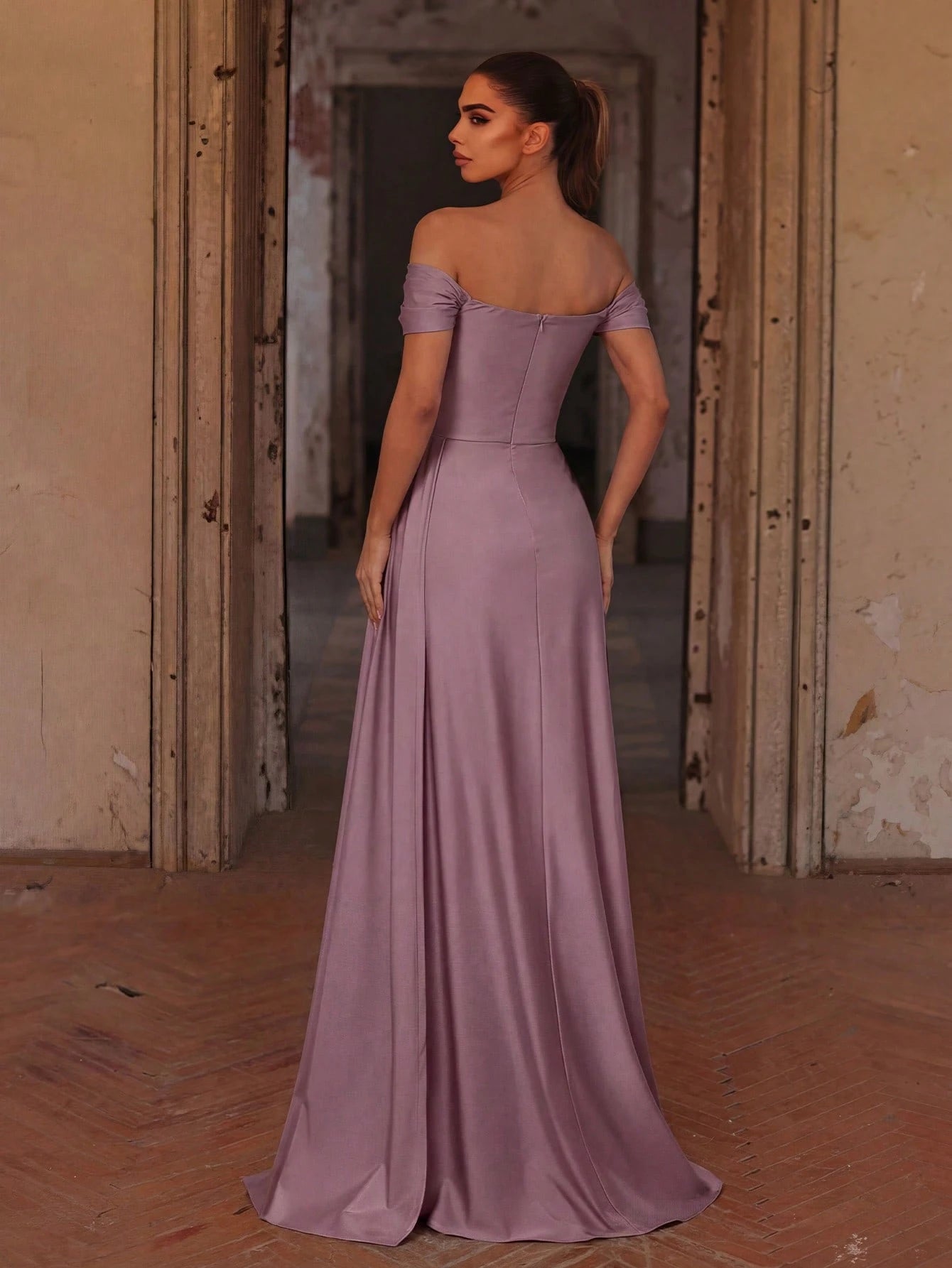 Elegant Satin Off-Shoulder Evening Dress, High Slit Hem | Perfect For Bridesmaid, Formal Dinner, Luxury - image 2
