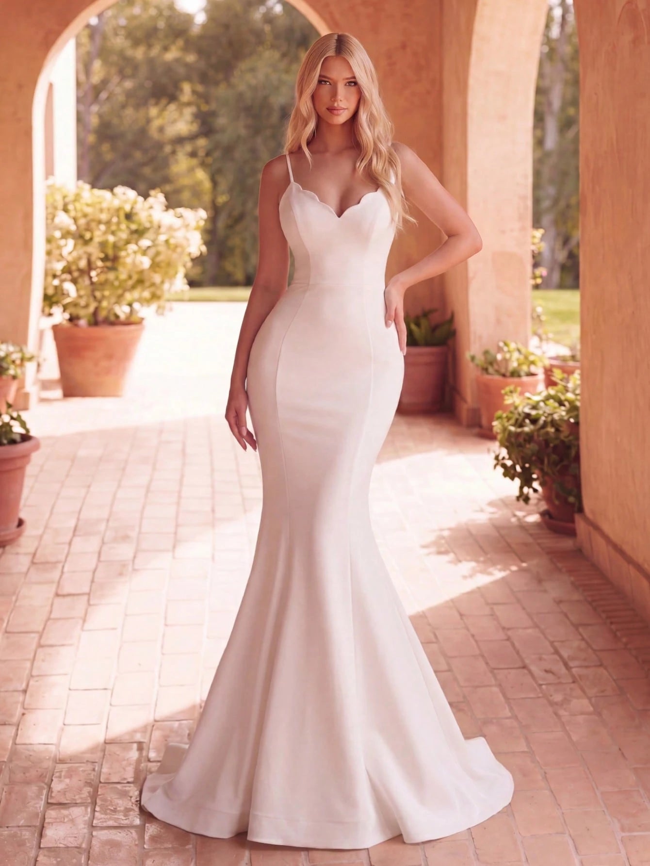 Faeriesty Elegant White Long Wedding Dress, Featuring Fan-Shaped Spaghetti Straps, Plunging Neckline And - image 3