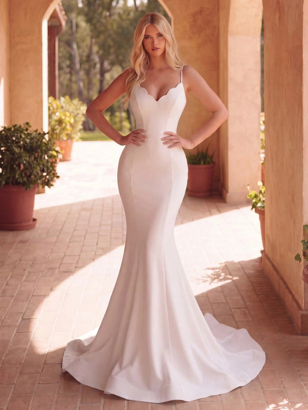 Faeriesty Elegant White Long Wedding Dress, Featuring Fan-Shaped Spaghetti Straps, Plunging Neckline And