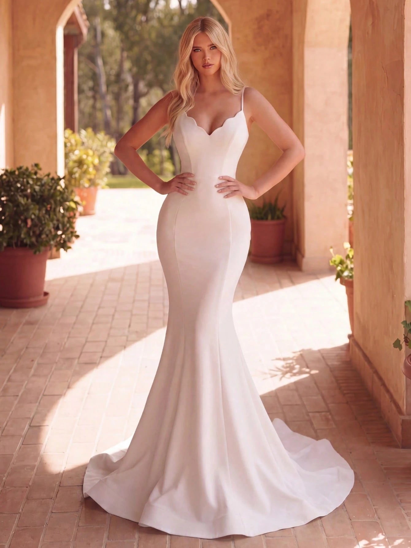 Faeriesty Elegant White Long Wedding Dress, Featuring Fan-Shaped Spaghetti Straps, Plunging Neckline And