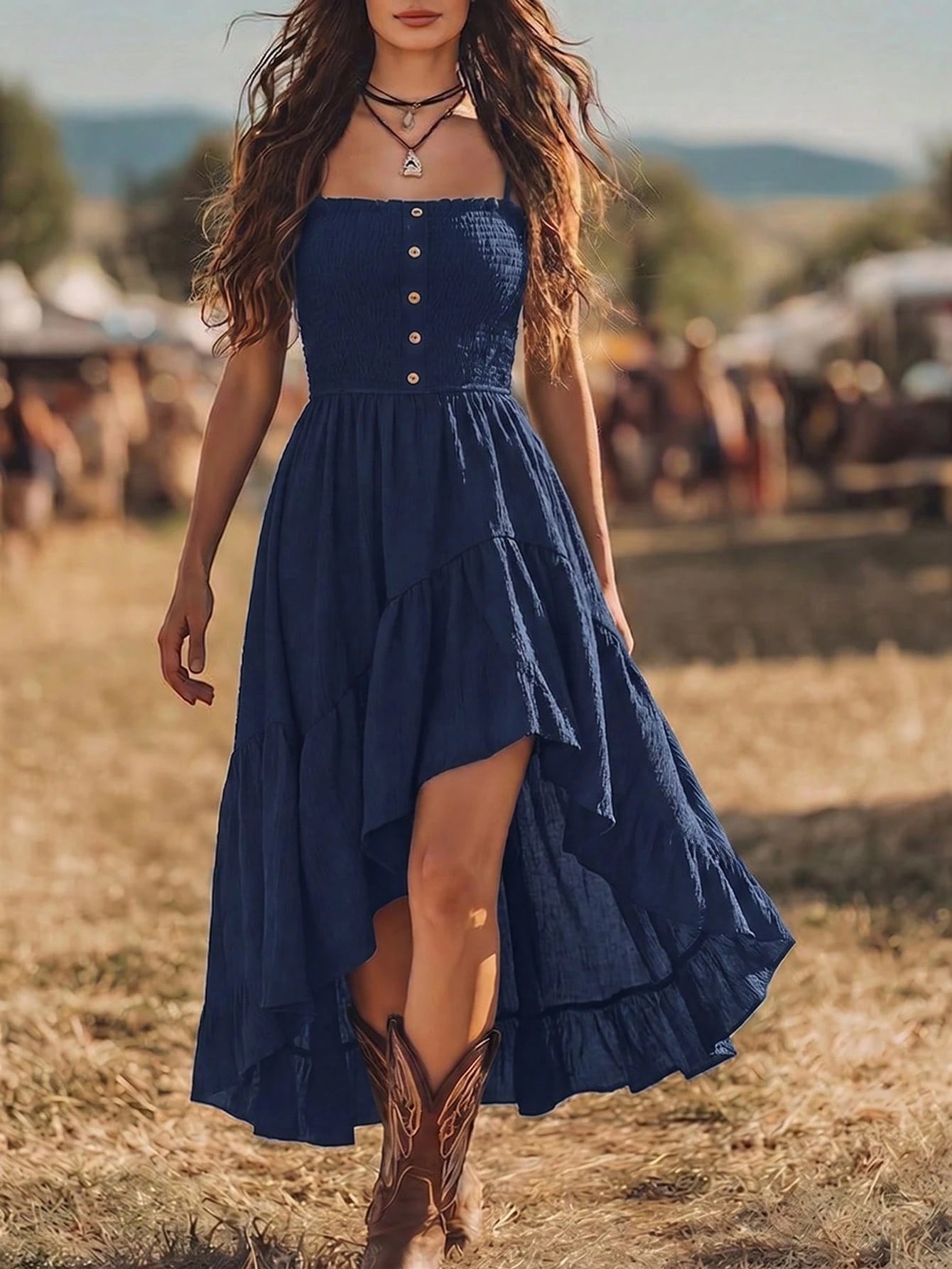 Balvessa Bohemian Style Casual Vacation Front Short Back Long Cinched
