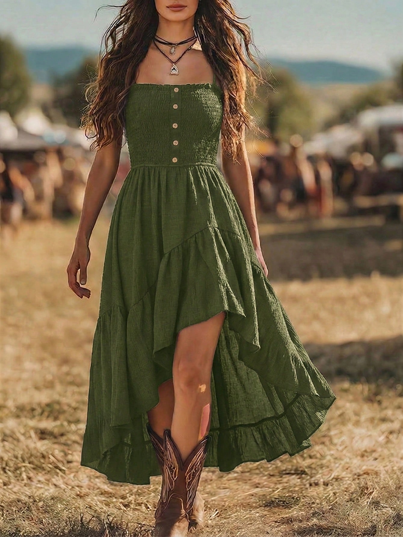Balvessa Bohemian Style Casual Vacation Front Short Back Long Cinched