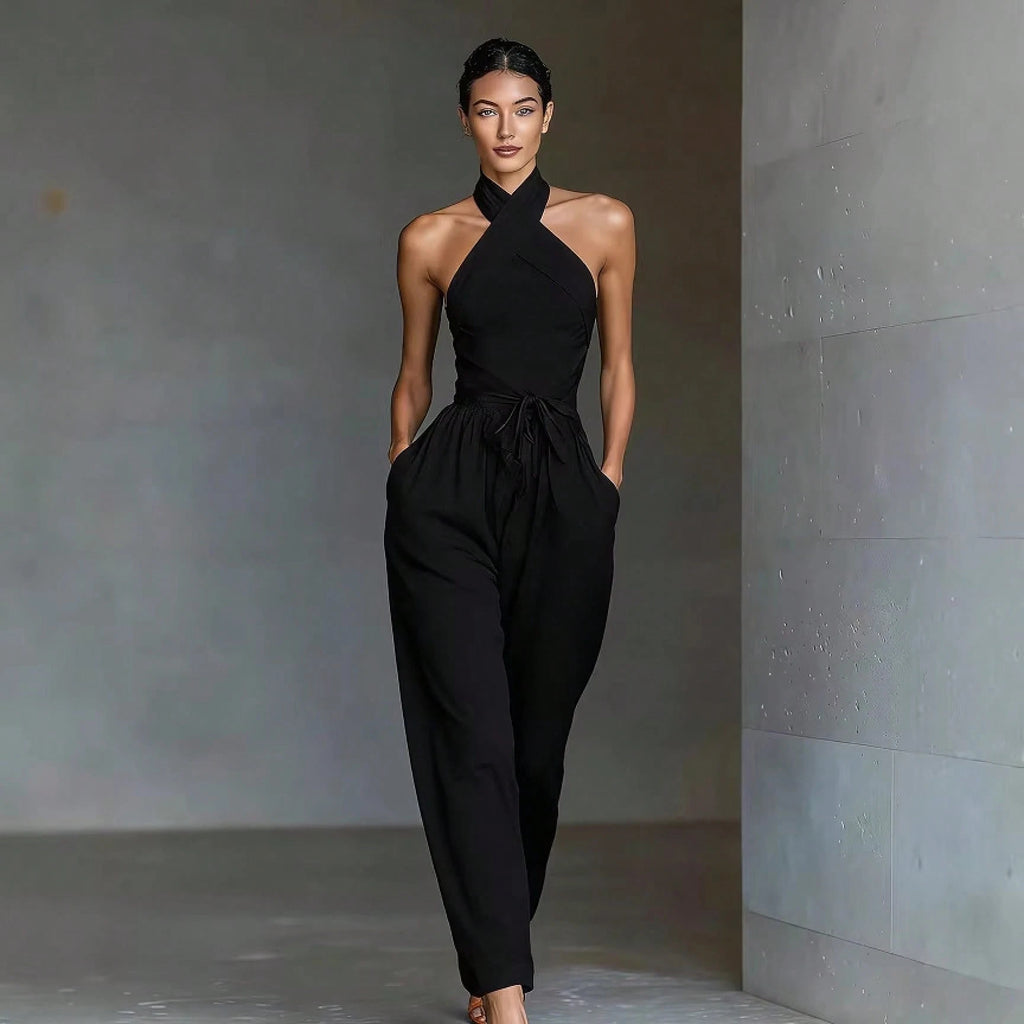 2026 New Linen Cross Cami Jumpsuit Women Tie Waist Wide Leg Casual