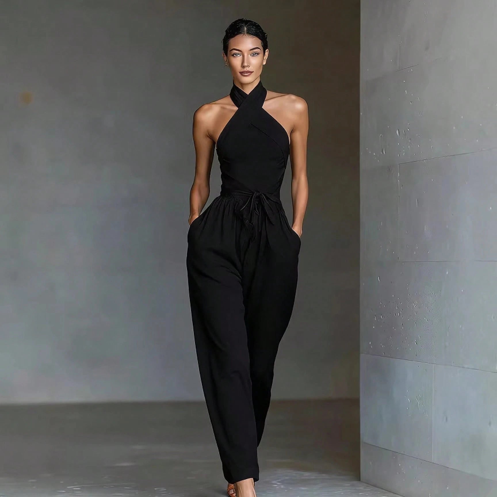 2026 New Linen Cross Cami Jumpsuit Women Tie Waist Wide Leg Casual