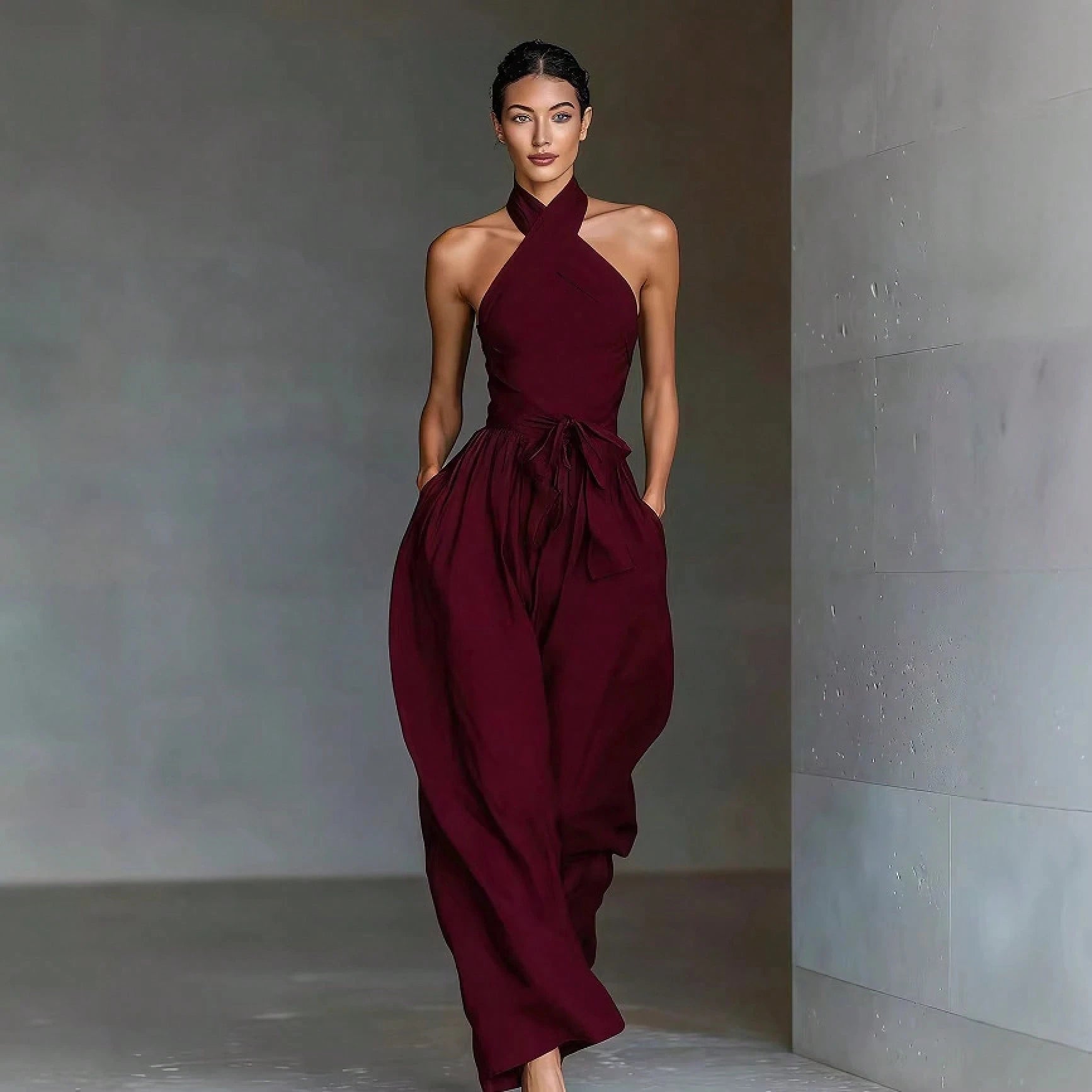 2026 New Linen Cross Cami Jumpsuit Women Tie Waist Wide Leg Casual