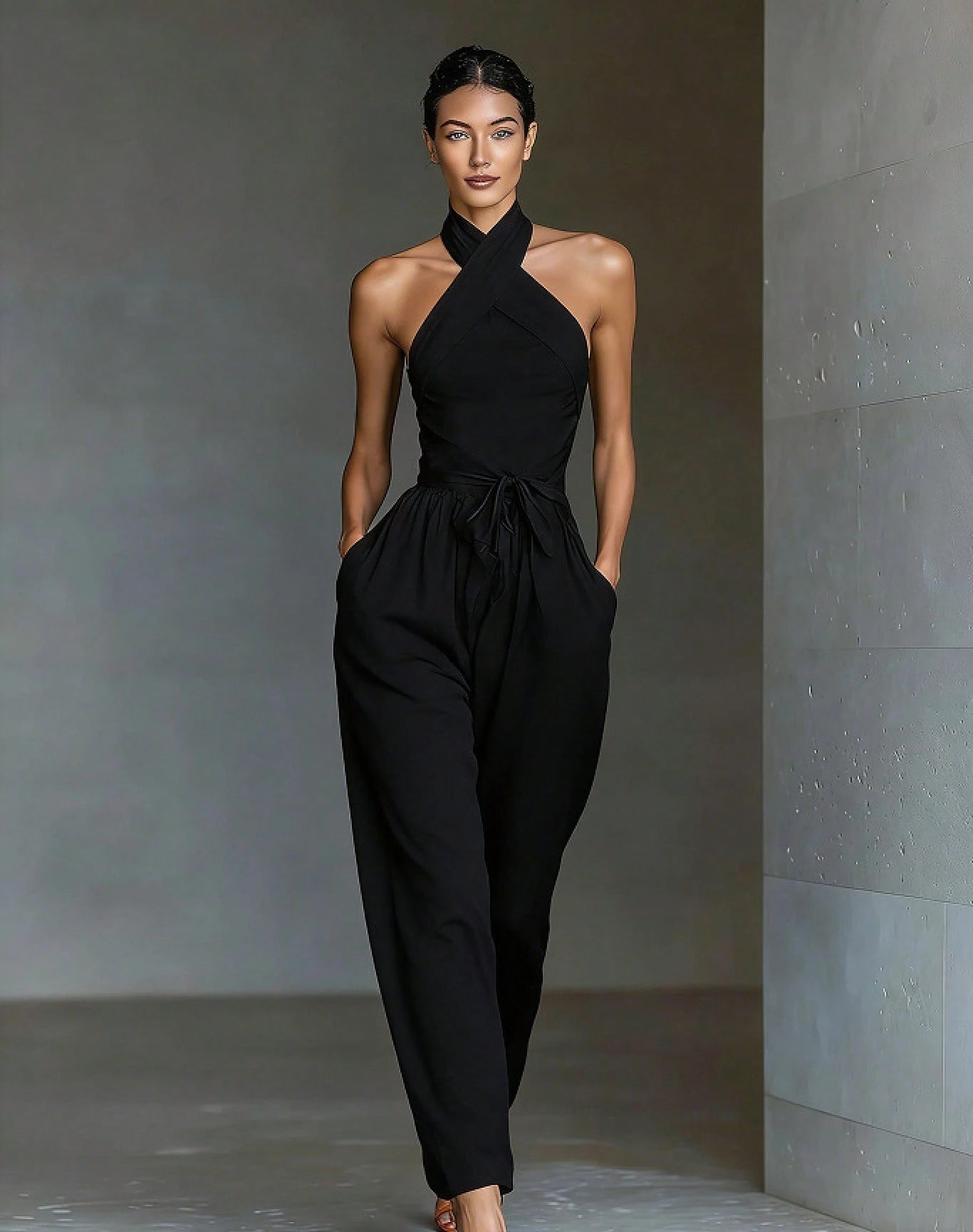 2026 New Linen Cross Cami Jumpsuit Women Tie Waist Wide Leg Casual