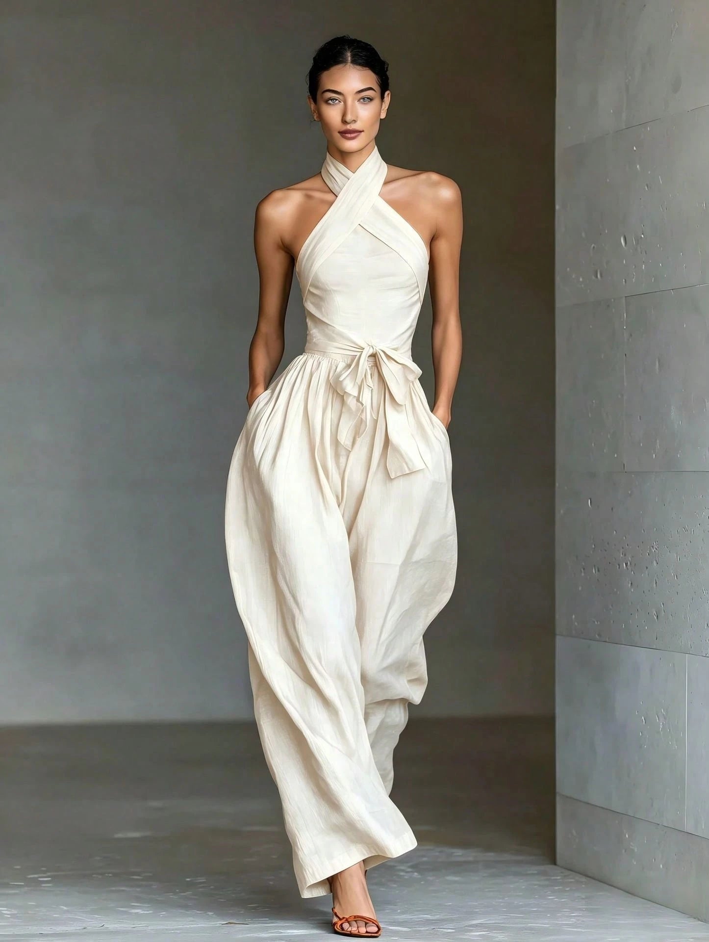 2026 New Linen Cross Cami Jumpsuit Women Tie Waist Wide Leg Casual