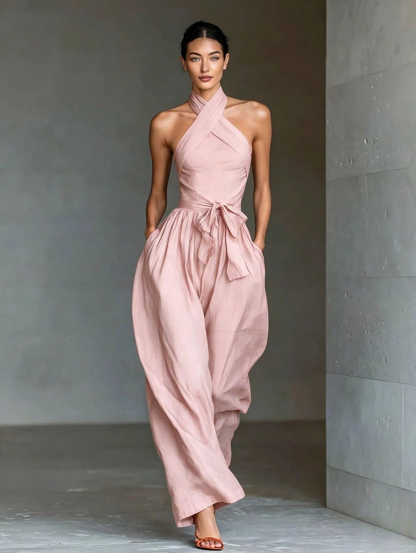 2026 New Linen Cross Cami Jumpsuit Women Tie Waist Wide Leg Casual