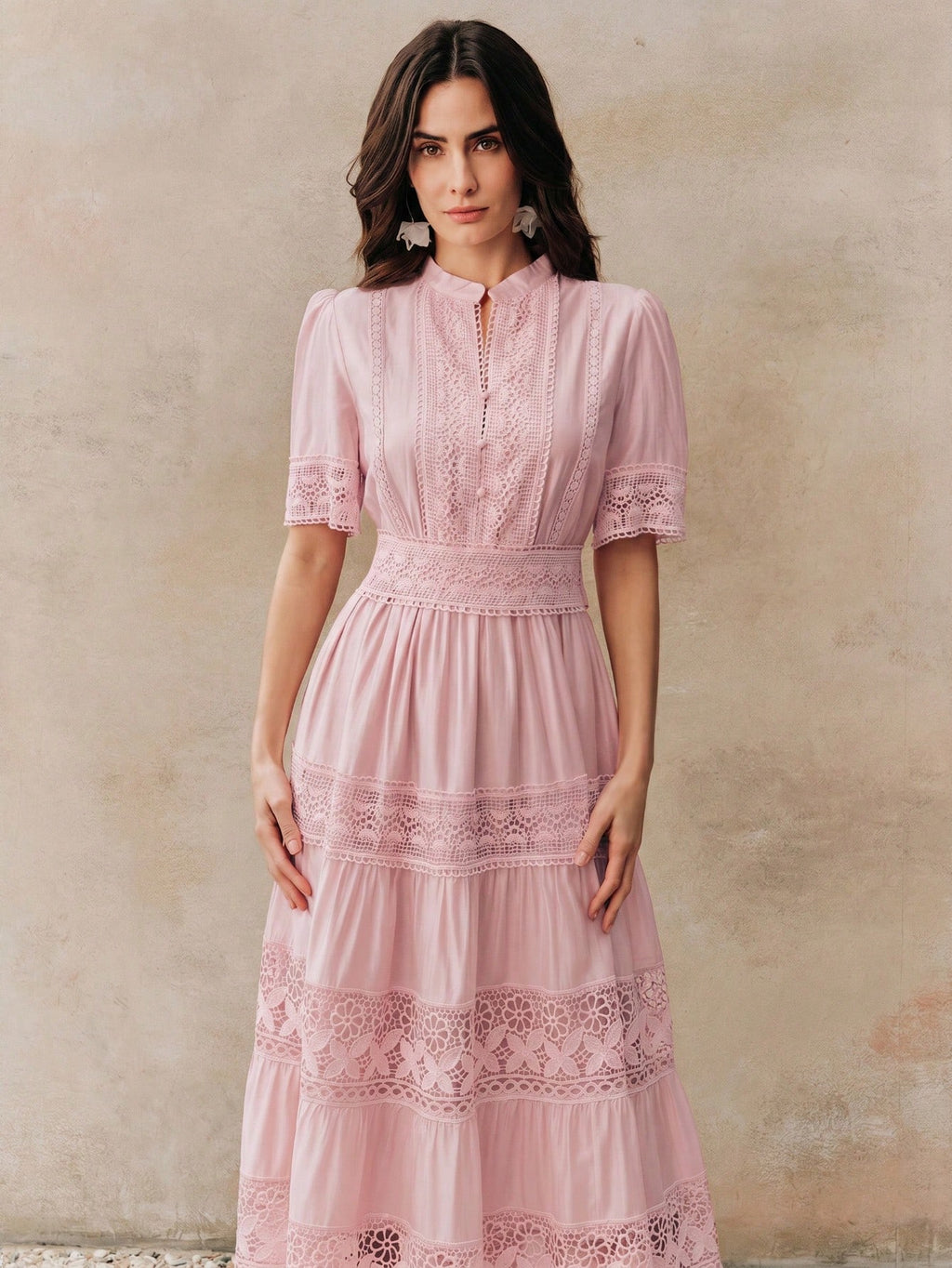 Anewsta Elegant Solid Color Lace Patchwork Round Neck Waist Cinched