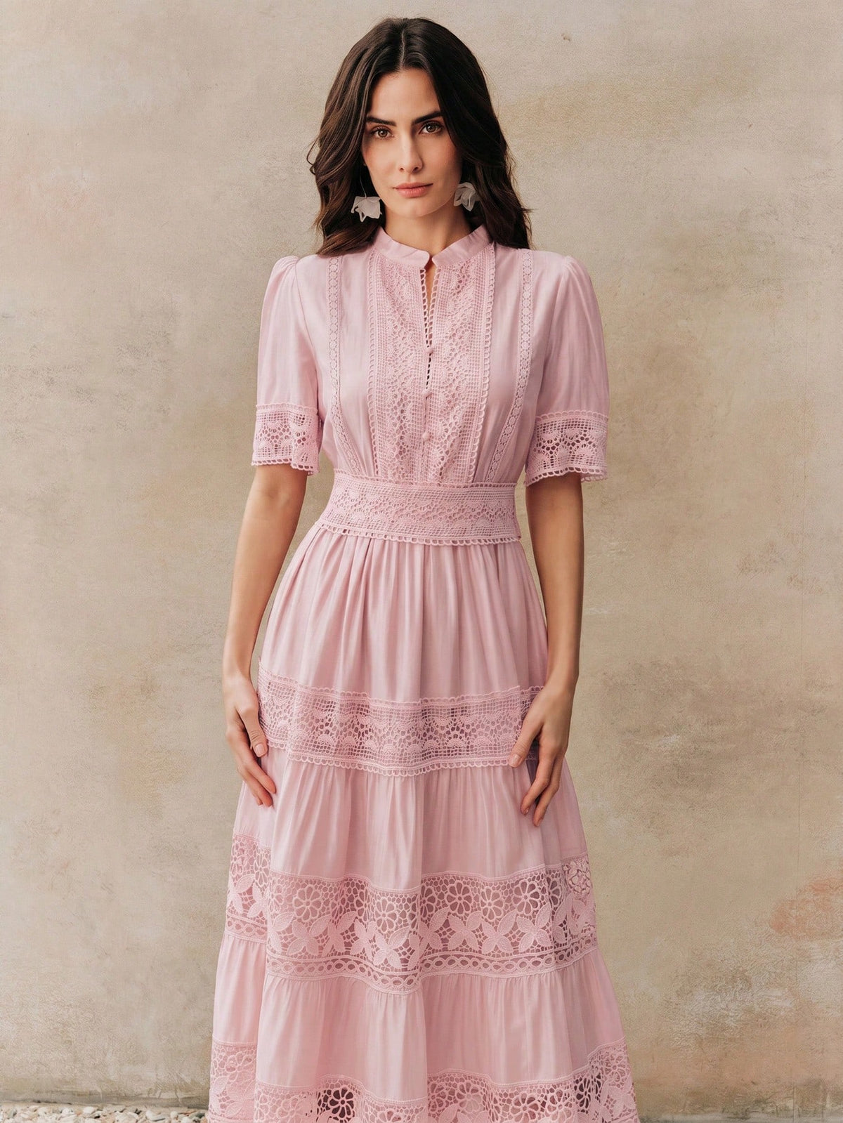 Anewsta Elegant Solid Color Lace Patchwork Round Neck Waist Cinched Hollow Out Crochet Short Sleeve Flared - image 16