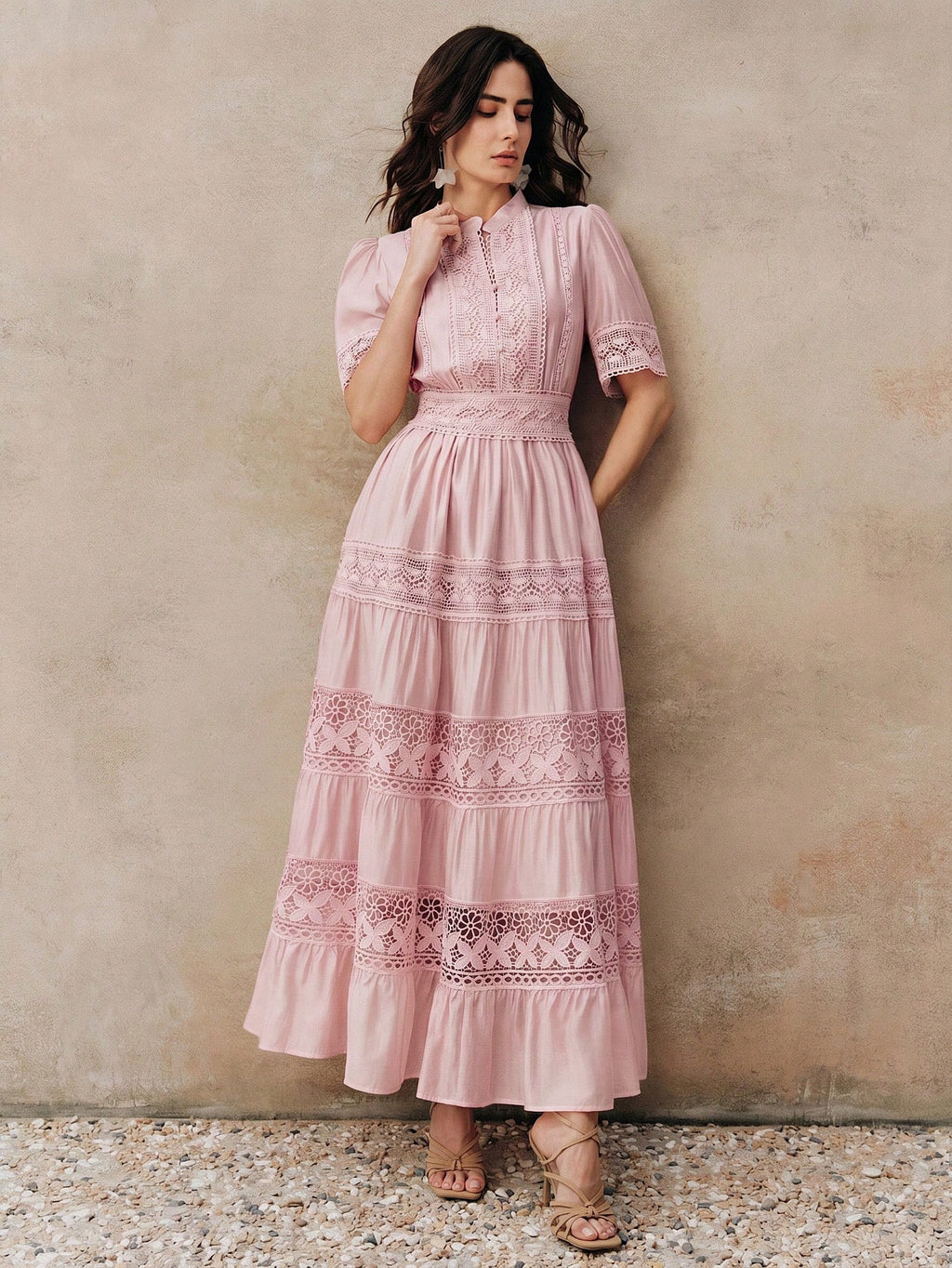 Anewsta Elegant Solid Color Lace Patchwork Round Neck Waist Cinched
