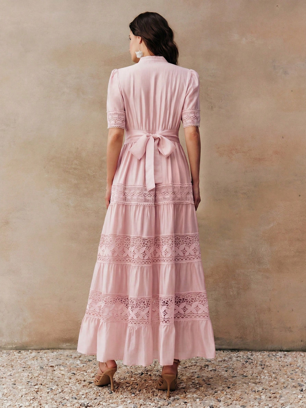 Anewsta Elegant Solid Color Lace Patchwork Round Neck Waist Cinched